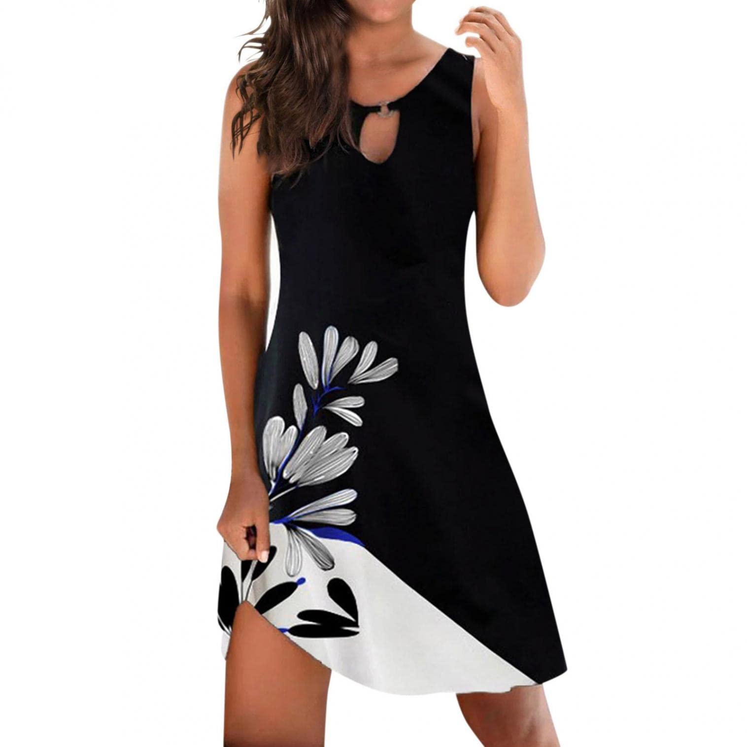 Women's Sundress 2022 - Cute Cold Shoulder Boho T-Shirt Dress, Sleeveless A-Line Floral Tunic Dress for Beach, Vacation & Summer Outfits