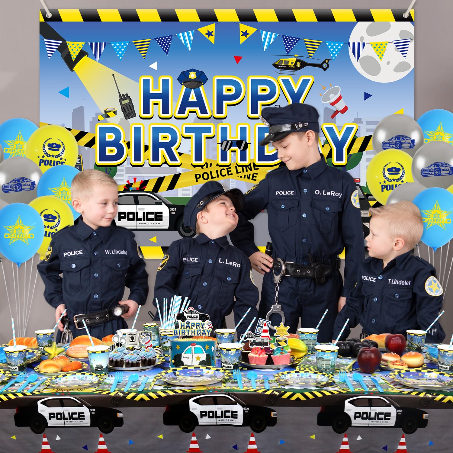 KEFAN Police Birthday Party Decorations Set - Includes Happy Birthday Backdrop, Plates, Cups, Napkins, Tablecloth & Balloons - Police Theme Party Supplies for Kids - Serves 20 Guests - Perfect for Police Officer Birthday Parties, Themed Events & Law Enforcement Celebrations