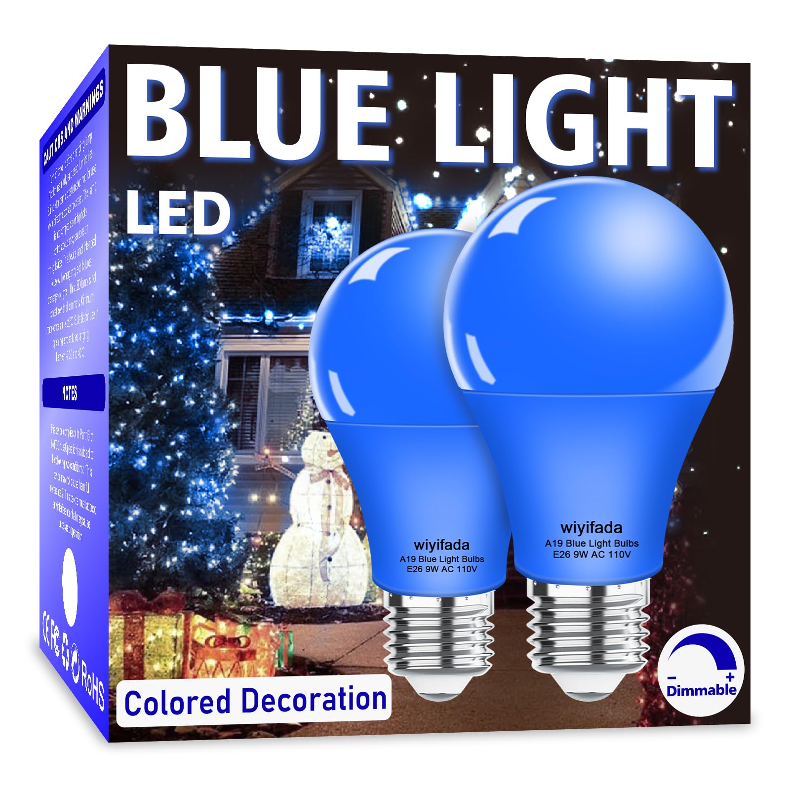 2 Pack A19 LED Blue Light Bulbs - 110V E26 Base, 9W (100W Equivalent) Dimmable Colored Light Bulbs for Christmas, Thanksgiving, Holiday & Party Decorations - Perfect for Home Lighting, Bedroom, Living Room, Outdoor & Indoor Decor