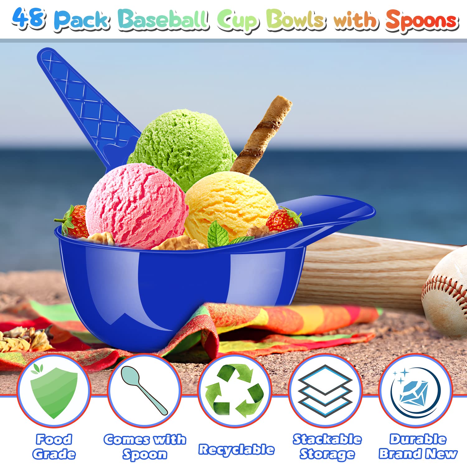 48 Pack Baseball Helmet Ice Cream Bowls with 24 Spoons and 24 Mini 8oz Dessert Cups - Reusable Sundae Bowls, Parfait Cups & Appetizer Dishes for Birthday Parties, Sports Events & Summer Treats