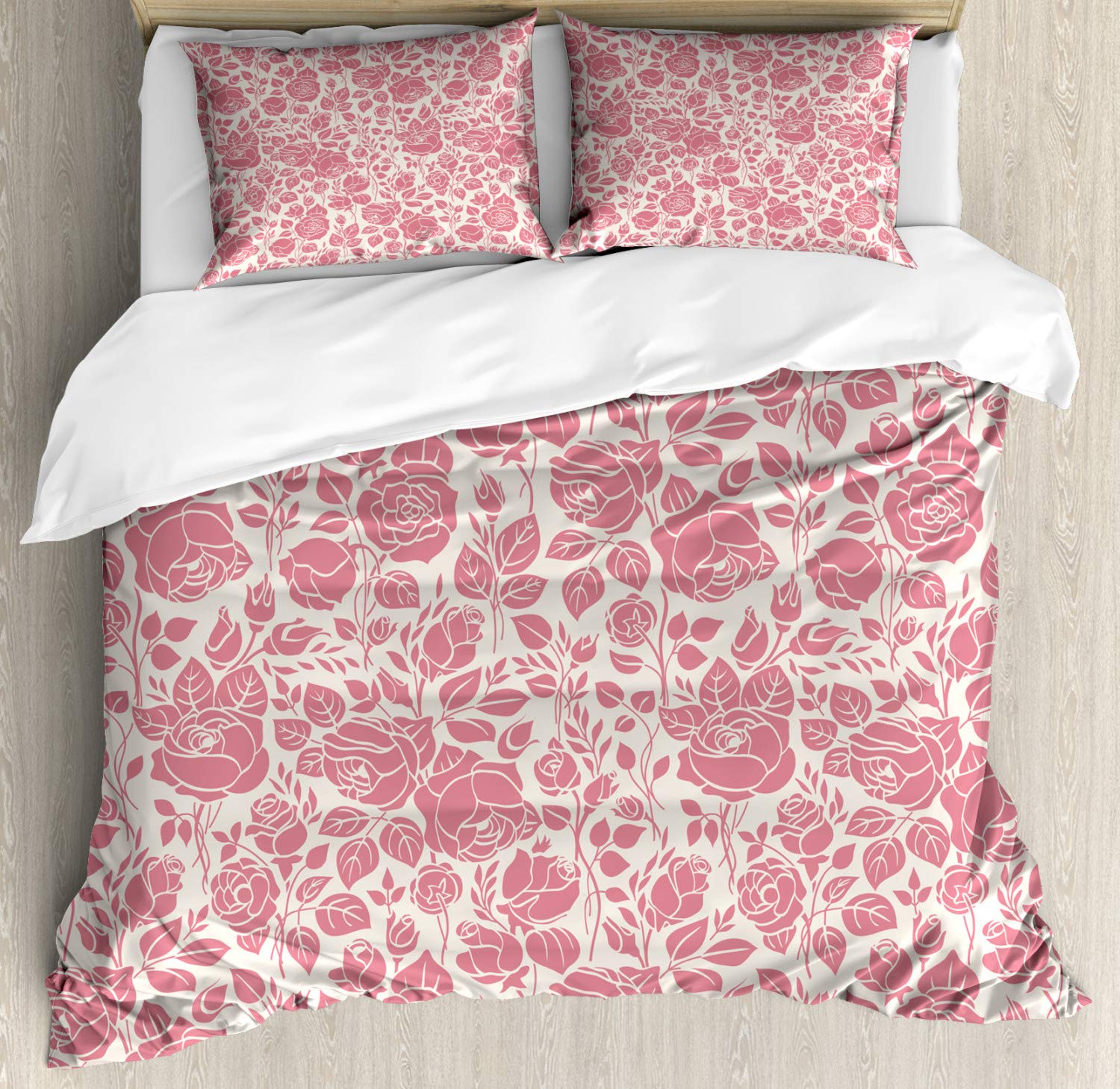 Ambesonne Vintage Coral Duvet Cover Set - Queen Size 2-Pack with Roses & Gardening Plants Design, Includes 2 Duvet Covers & 4 Pillowcases, Dark Coral Coconut Feminine Bedding | Perfect for Master Bedroom, Guest Room & Coastal Themed Decor