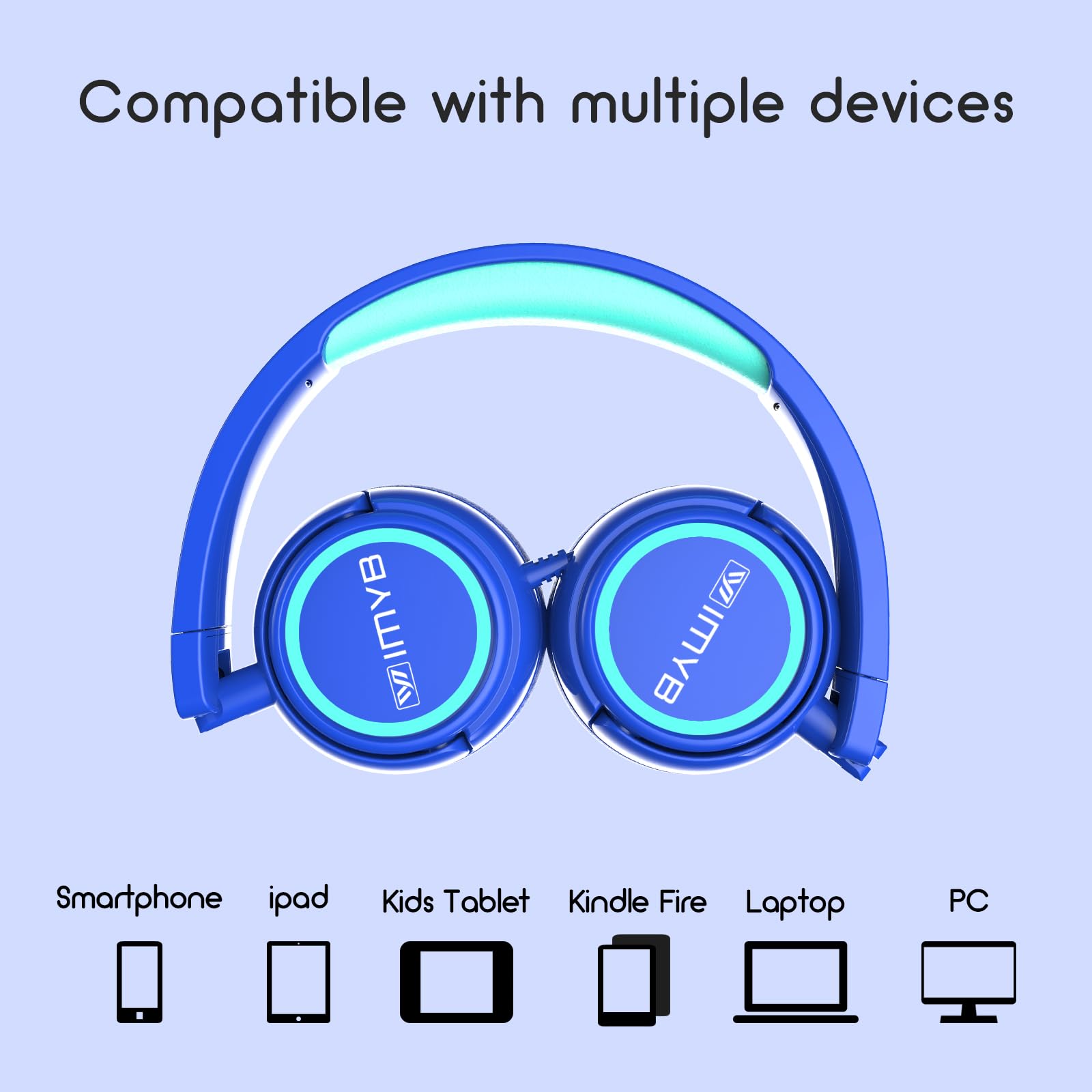 V1 Kids Headphones - Wired Stereo Foldable Tangle-Free 3.5mm Adjustable On-Ear Headphones for School, Travel & Home Use - Compatible with iPad, Tablet, Kindle & Phones - Ideal for Toddlers, Children & Teens (Blue)