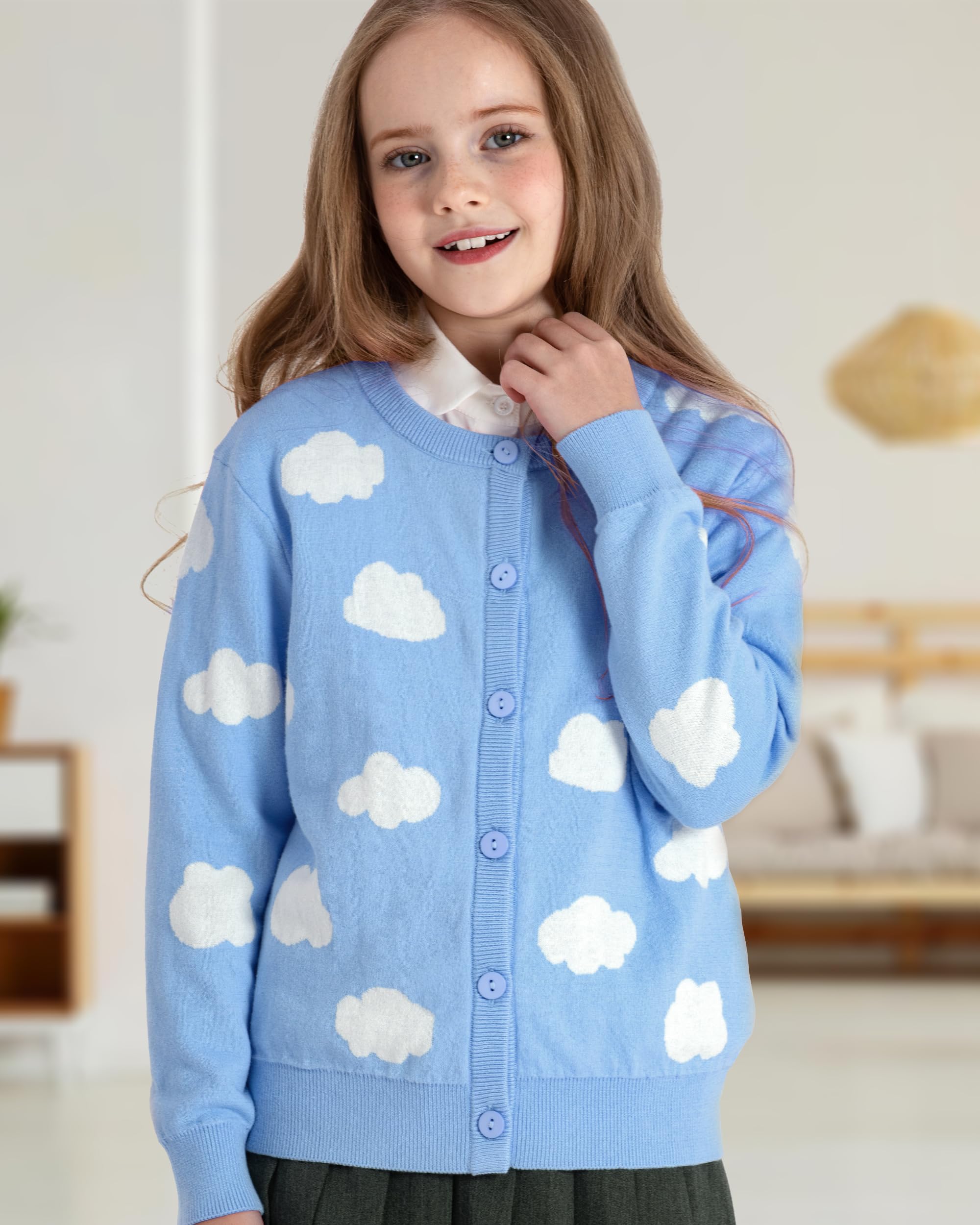 BOBOYOYO Girls Cute 100% Cotton Button Up Cardigan Sweater - Long Sleeve Knit Crewneck Kawaii Clothes for Kids - Perfect for School, Casual Wear & Family Outings