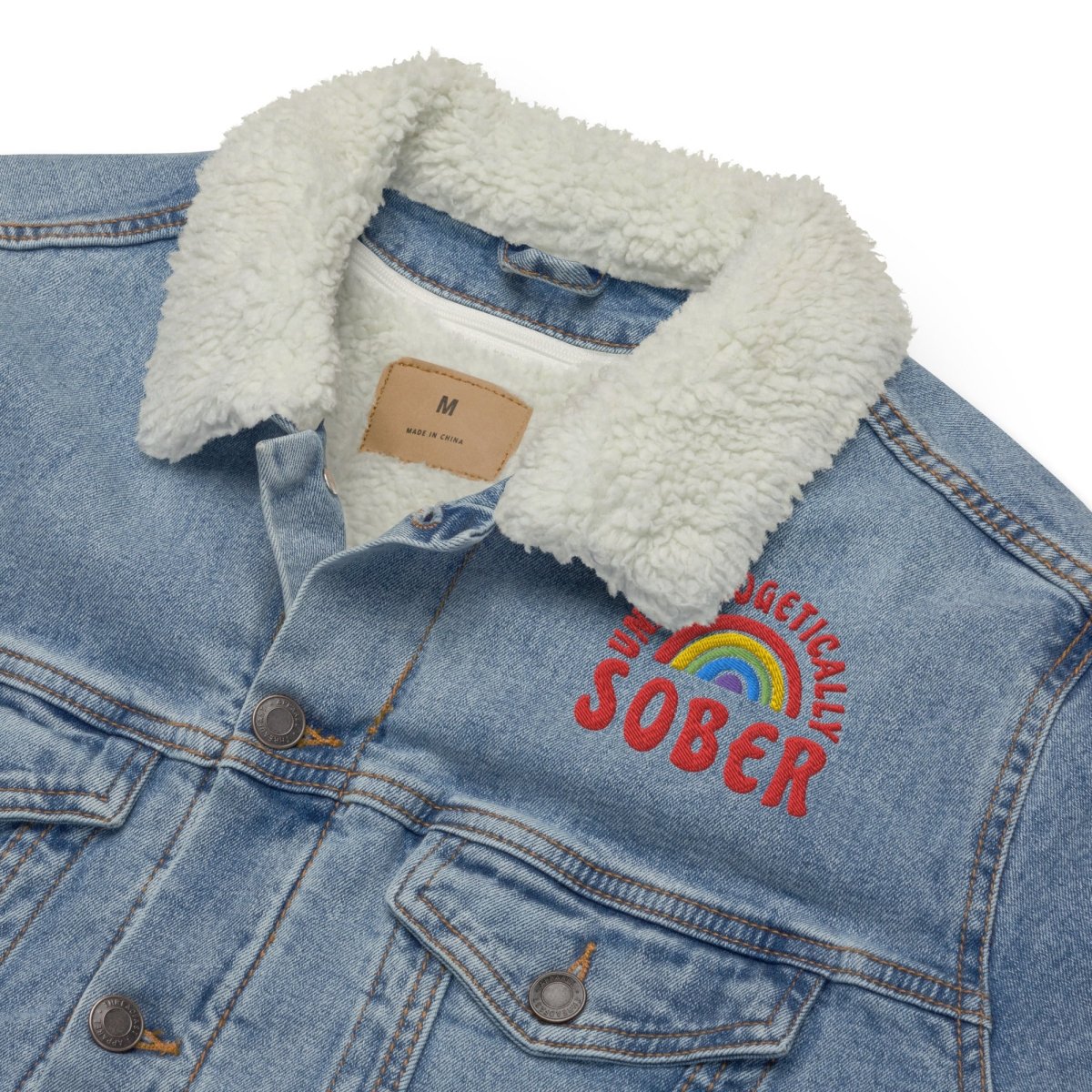 Unisex Sherpa Denim Jacket with Embroidered 'Unapologetically Sober' Design - Cozy Winter Fashion for Sober Living & Recovery Support