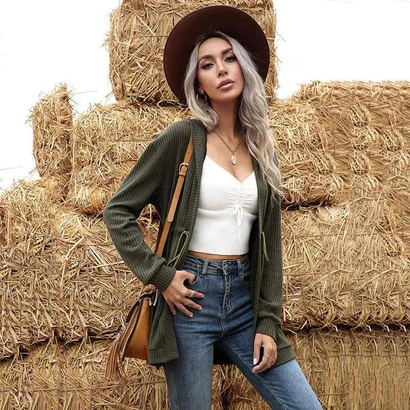 Stylish Lace-Up Hooded Knitted Cardigan Sweater for Women | Cozy Winter Fashion | Perfect for Casual Outings & Layered Outfits