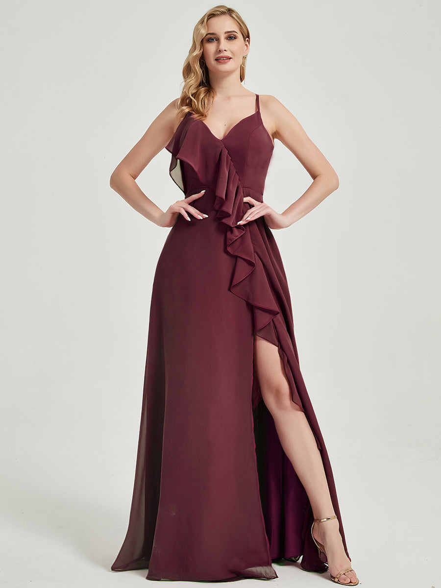 Elegant Burgundy Criss Cross Straps Ruffles Slit Chiffon Maxi Bridesmaid Dress - Perfect for Weddings, Prom & Formal Events