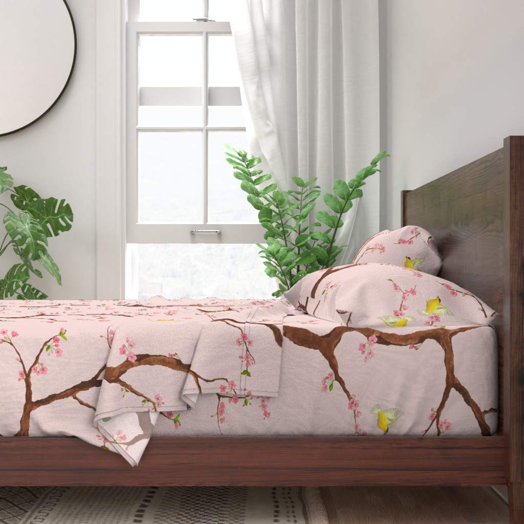 100% Cotton Twin Sheet Set 3pc - Cherry Blossom Blush Pink Chinoiserie Floral Print | Asian Inspired Custom Bedding | Soft Breathable Sheets for Bedroom, Guest Room & Dorm