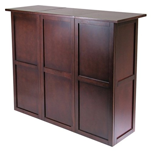 Ergode Newport Expandable Wine Bar Countertop with Hanging Glass Rack - Solid Wood Walnut Finish - Holds 9 Bottles, Drawer & Open Shelf Storage - Perfect for Home Bar, Kitchen Island, or Dining Room Decor (94350-VV)