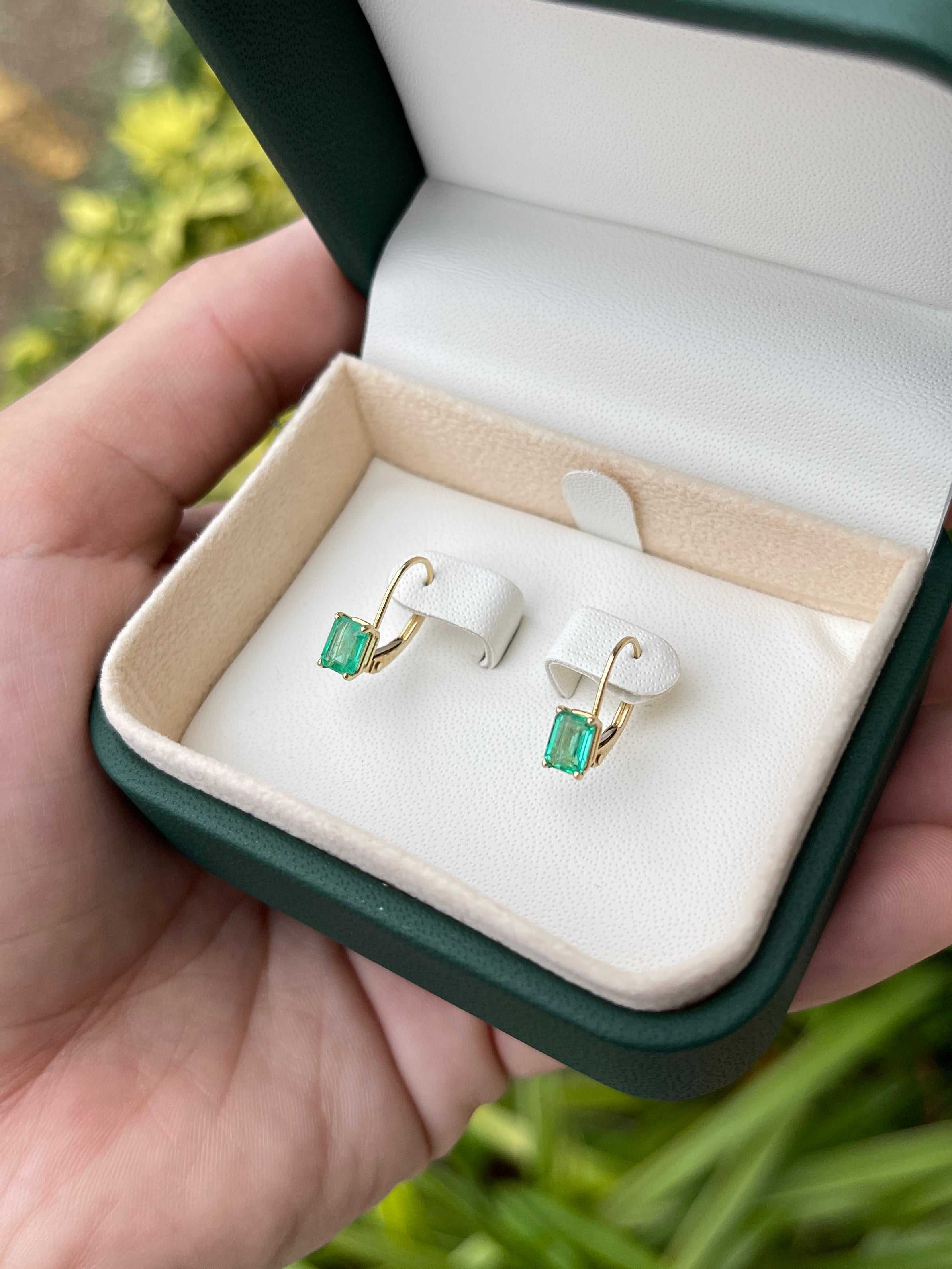 14K Gold Emerald Cut Natural Emerald Lever Back Earrings - 1.50tcw Prong Set for Wedding, Party & Special Occasions