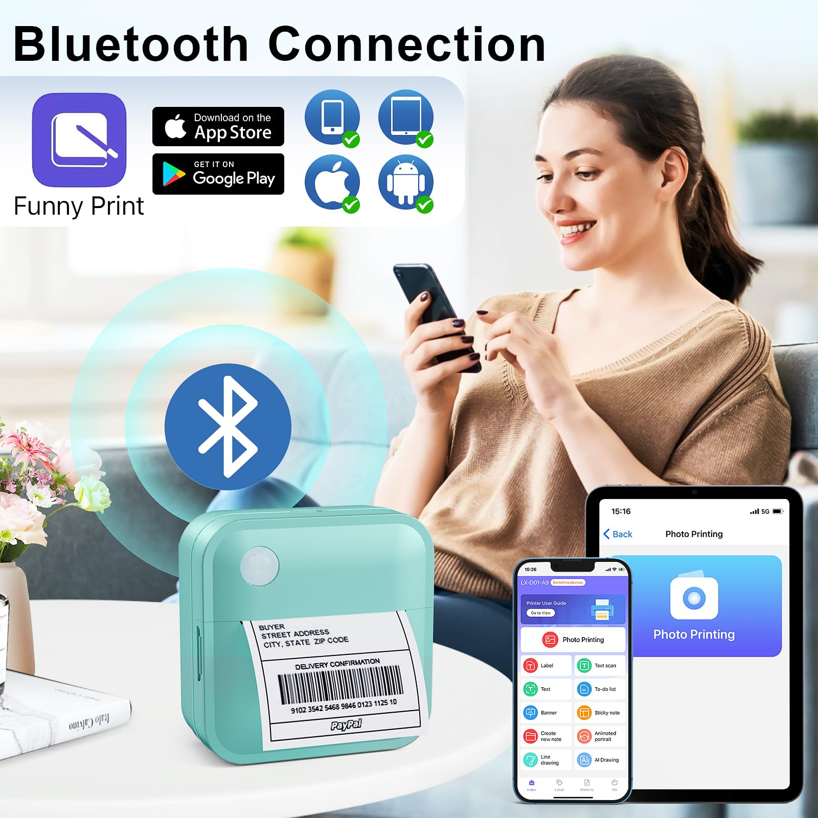 Thermal Label Printer with Bluetooth - Portable Label Maker Machine with Tape for Home, Office, School & Kitchen Organization | Perfect for Storage, Pantry, Filing & Shipping Labels