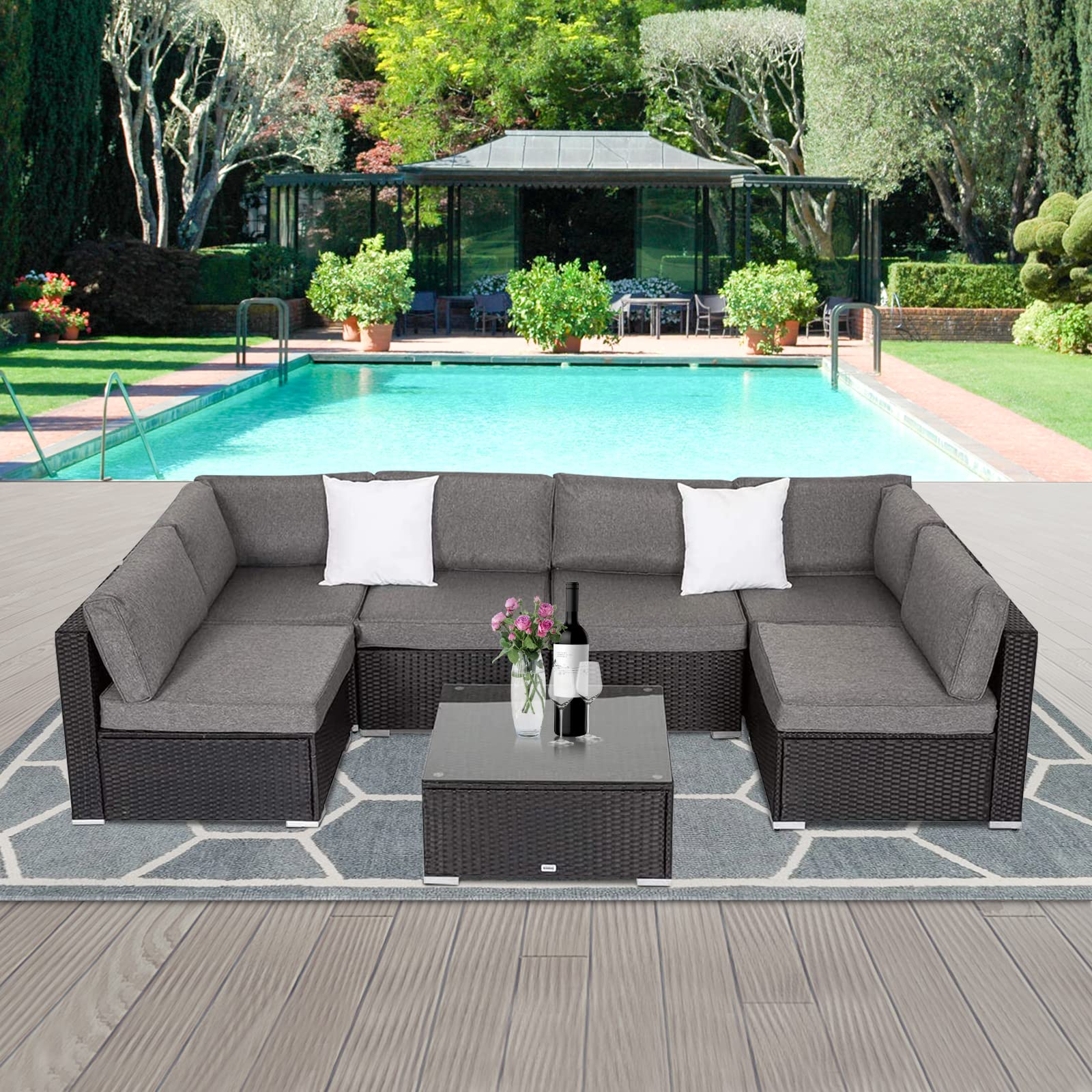 JSUN7 7-Piece Outdoor Patio Furniture Set - Wicker Sofa Chairs with Washable Cushion Covers (Grey) - Perfect for Garden, Backyard, Poolside & Patio Relaxation