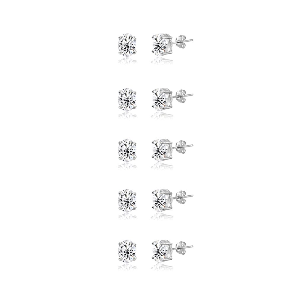 5-Pair Sterling Silver Cubic Zirconia 5x3mm Oval Stud Earrings Set for Women, Men & Girls - Perfect for Everyday Wear, Parties & Gift Giving