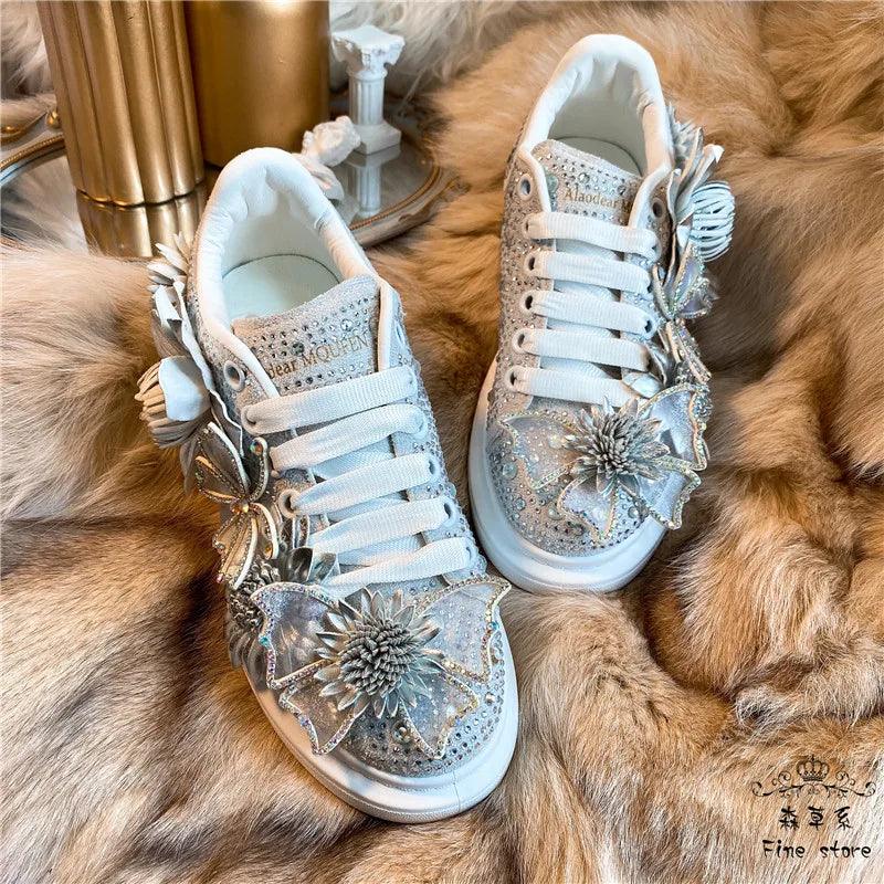 Women's Silver Butterfly Bow Crystal Sneakers - Stylish Platform Shoes with Diamond & Floral Accents | Comfortable Fashion Footwear for Parties, Weddings & Everyday Wear