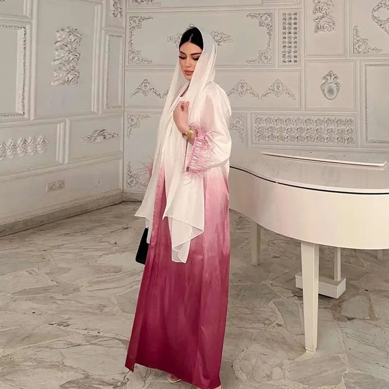 2 Piece Set Color Gradient Satin Open Abaya Dress with Inner Sleeveless Dress - Elegant Muslim Women's Prayer Dress for Eid, Ramadan & Special Occasions