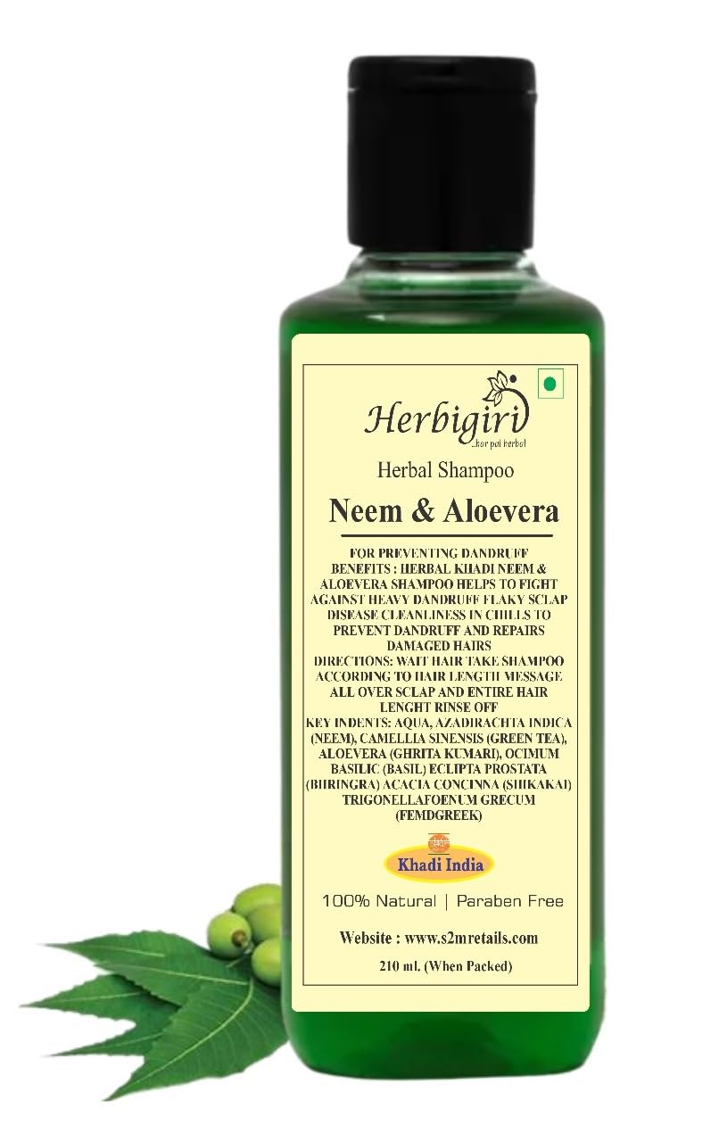 Herbigiri Herbal Neem & Aloe Vera Shampoo for Hair Growth & Scalp Care - 210ml | Natural Dandruff Treatment & Moisturizing Shampoo for Dry, Itchy Scalp - Perfect for Daily Hair Wash & Scalp Nourishment