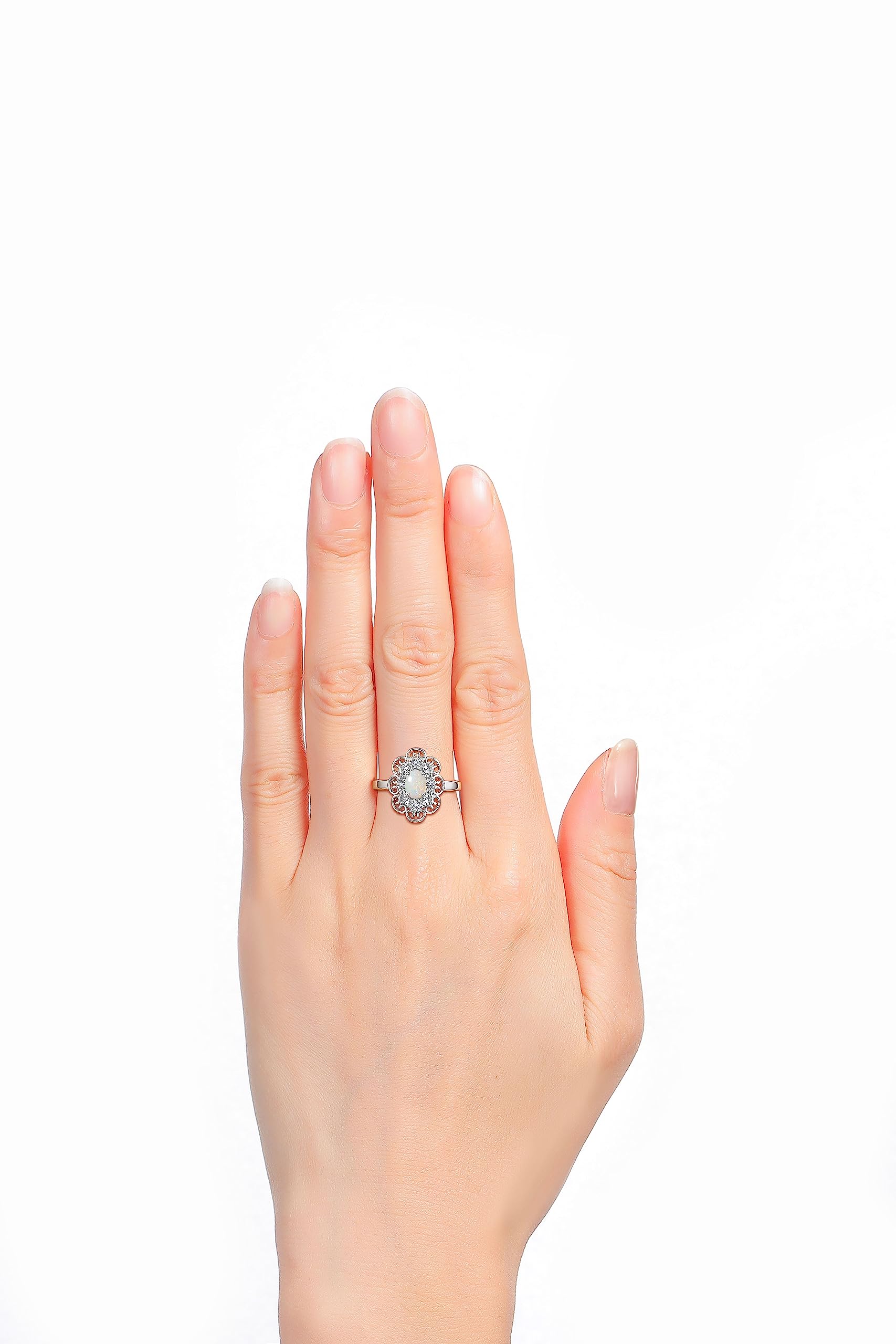 RYLOS Simply Elegant Floral Pattern Opal & Diamond Ring - October Birthstone Jewelry for Women | Perfect Gift for Anniversary, Birthday & Special Occasions