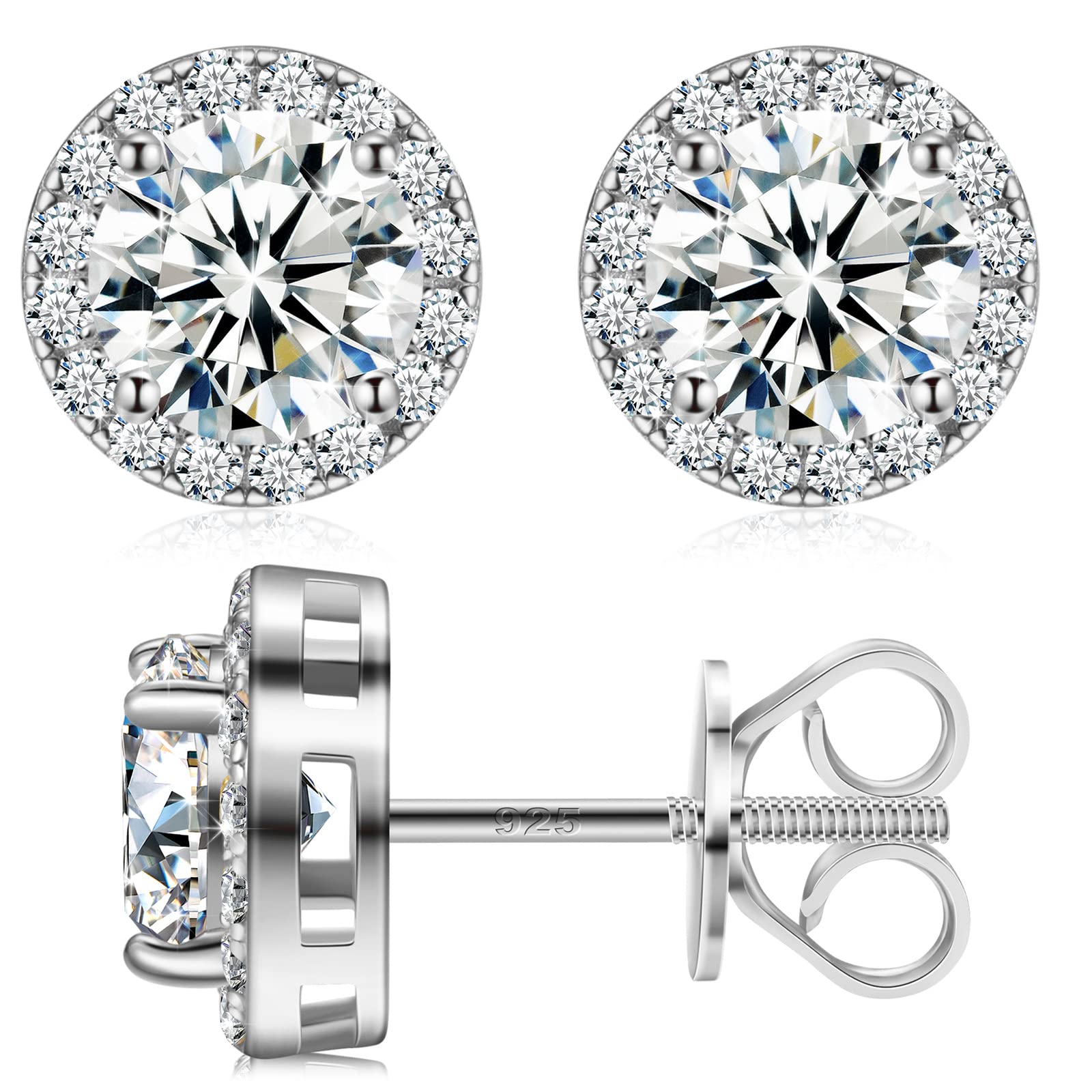 Moissanite Earrings for Women & Men - 3-10MM 925 Sterling Silver Diamond Stud Earrings (0.2-4.0CTTW) | Hypoallergenic White Gold Halo Earrings with Secure Screw Backs | Valentine's Day Gift, Anniversary Present, Wedding Jewelry
