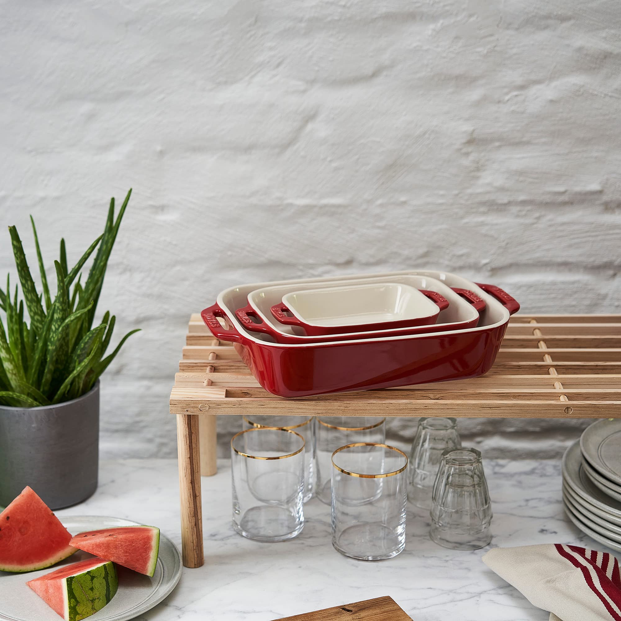 Staub 3-Piece Ceramic Baking Dish Set in Cherry Red | Oven Safe Casserole Dishes for Baking, Roasting & Serving | Perfect for Holidays, Dinner Parties & Family Meals