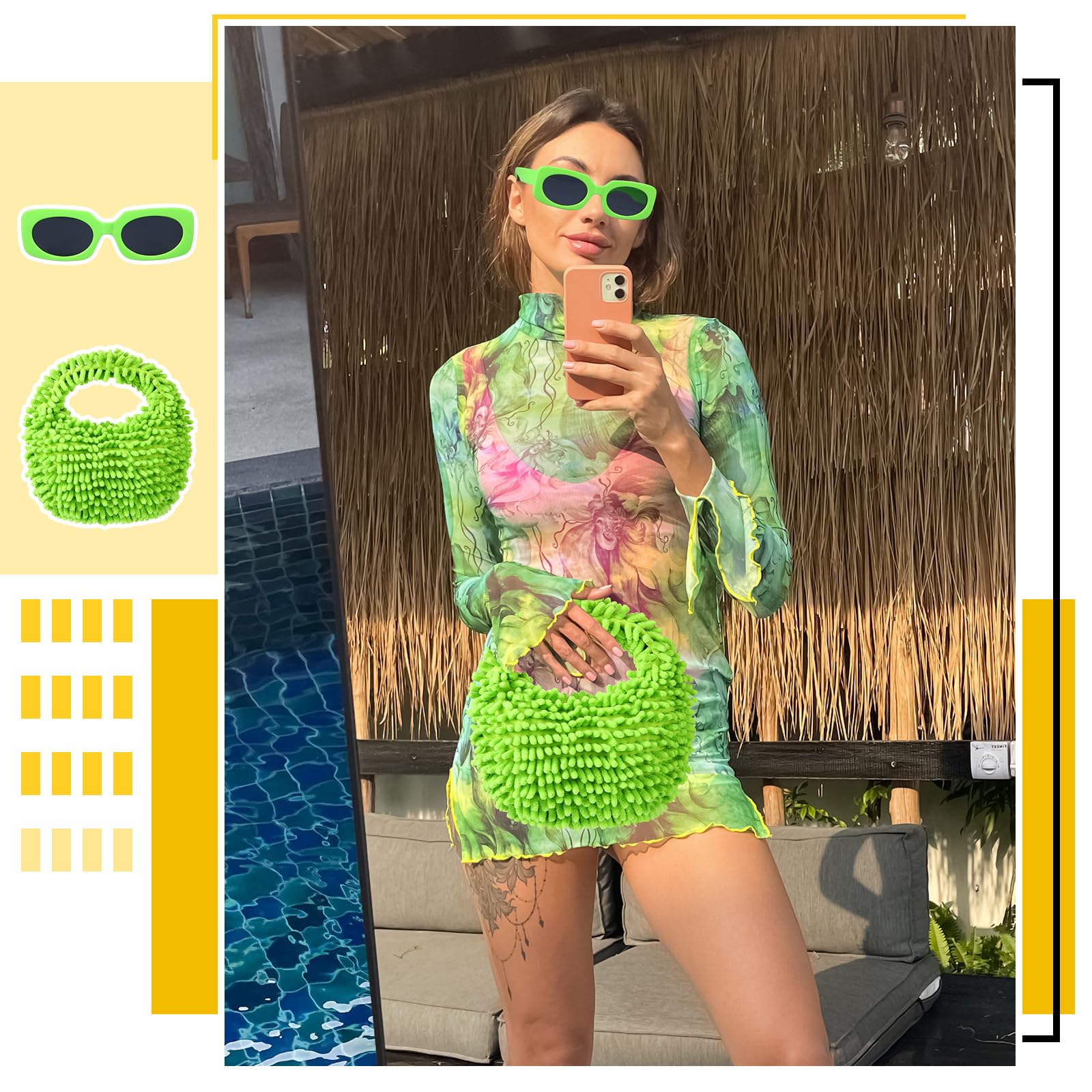 Kanayu 2-Piece Women's Neon Fuzzy Tote Bag & Retro Square Sunglasses Set - Stylish Accessories for Beach, Shopping, and Summer Outfits