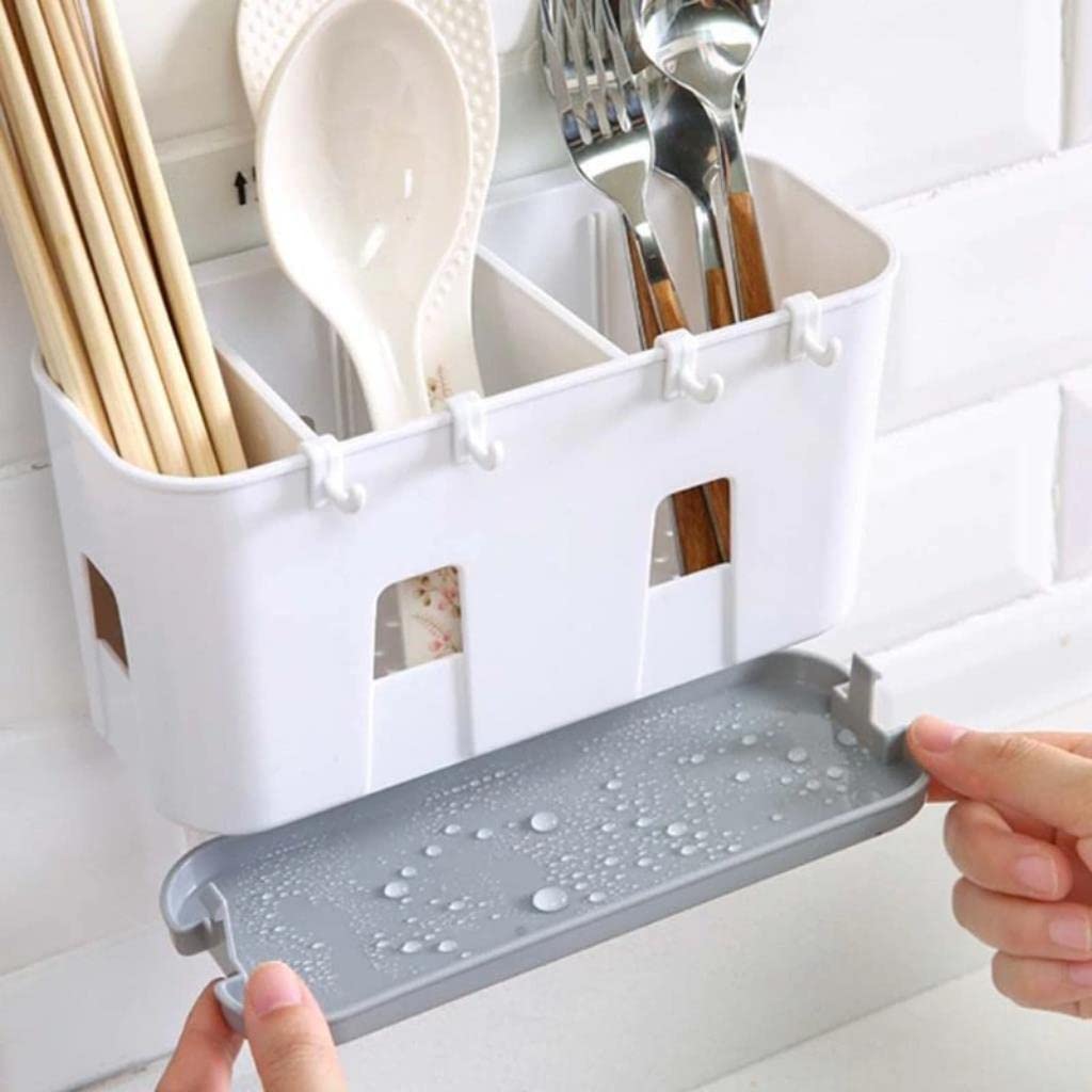 Wall Mounted Kitchen Utensil Organizer with Drip Tray - Cutlery Drainer Rack for Spoons, Forks, Chopsticks - Space Saving Cabinet Storage Solution (Gray) - Perfect for Small Kitchens & Organized Cooking Spaces