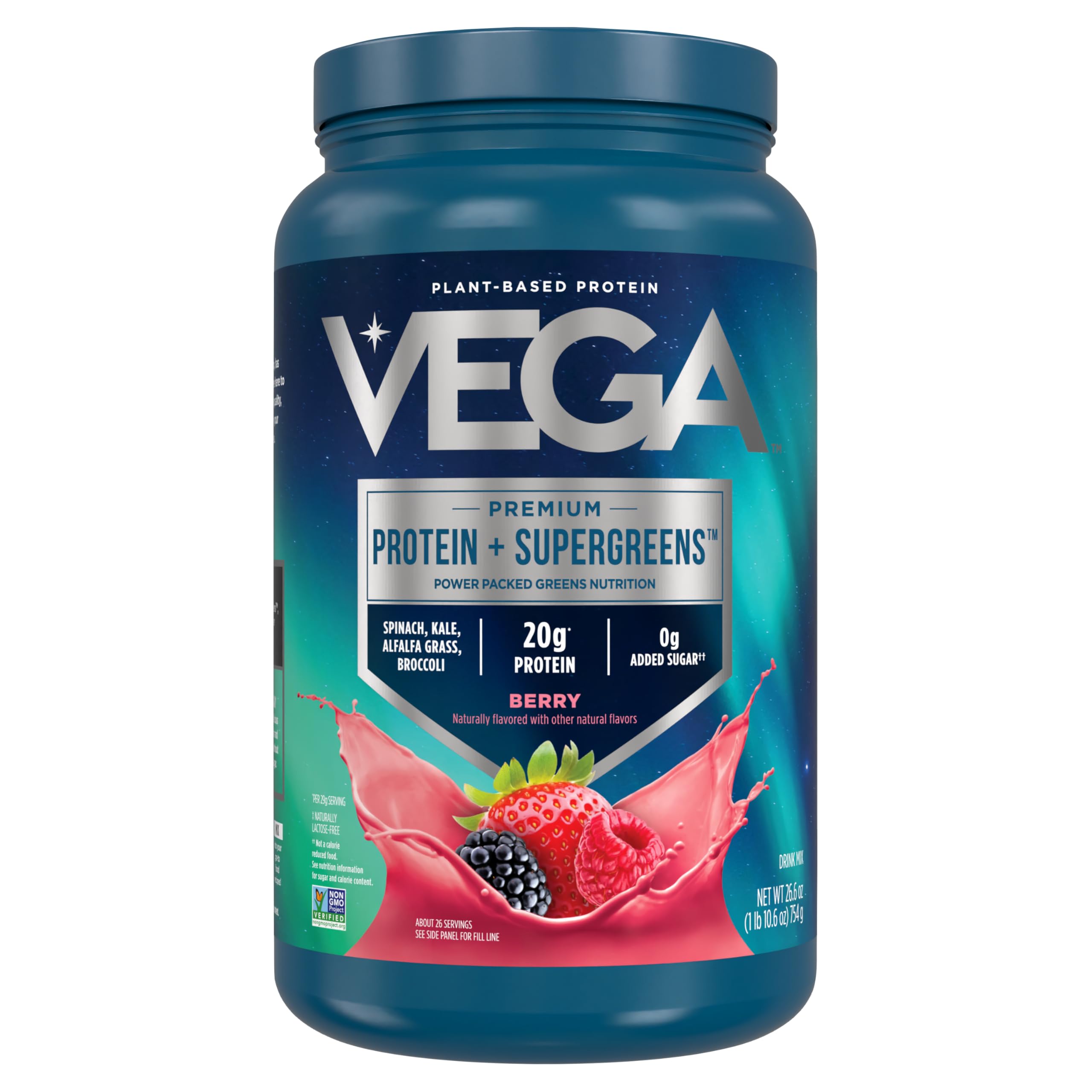Vega Protein and Greens Plant-Based Protein Powder, Berry Flavor - 20g Vegan Protein with Superfood Greens, Non-GMO, Gluten-Free Pea Protein for Men & Women, 1.7 lb (Packaging May Vary) - Perfect for Post-Workout Recovery, Smoothies & Healthy Meal Replacement