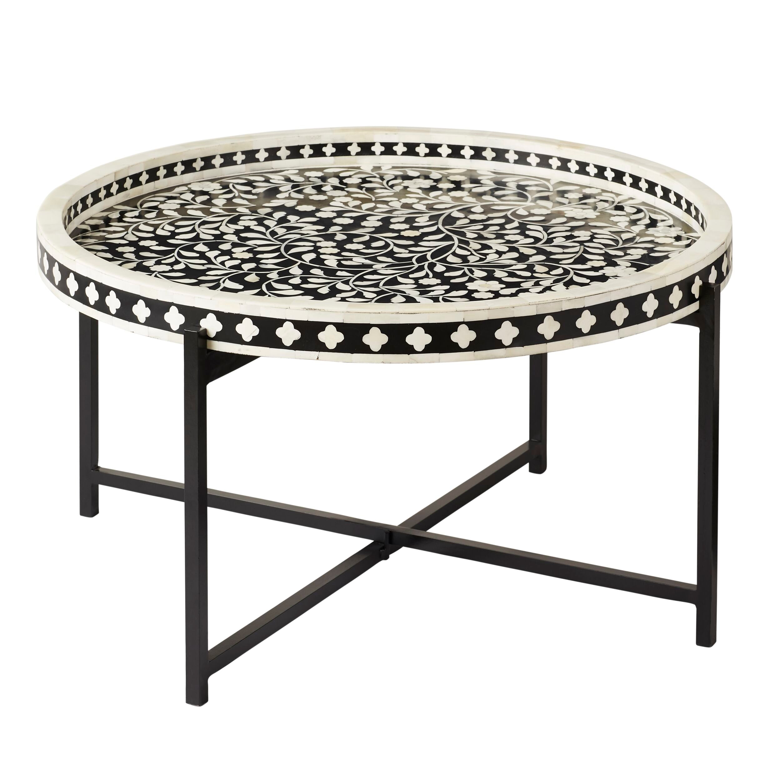 Exquisite Black Bone Inlay Round Coffee Table with Sturdy Black Frame - 75cm Diameter Modern Centerpiece for Living Room, Lounge & Office Decor