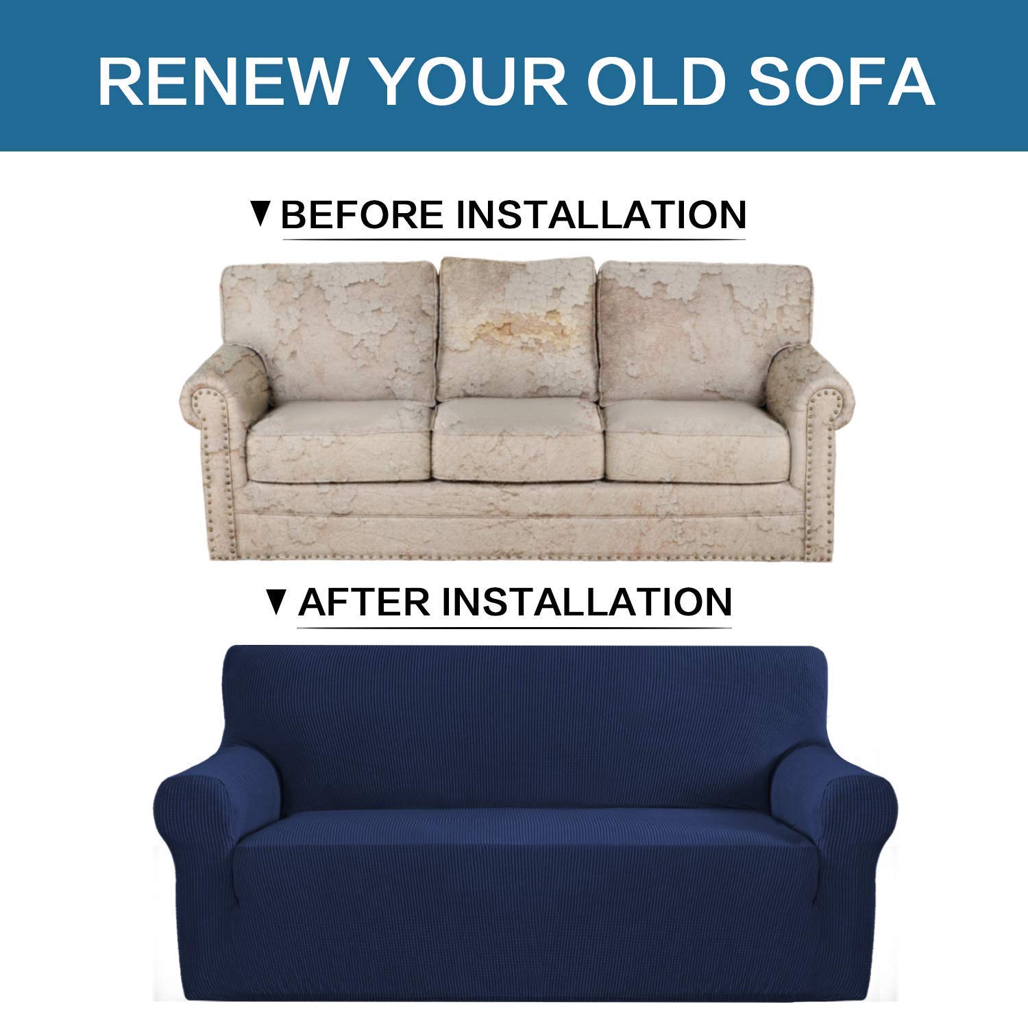 H.VERSAILTEX Stretch Sofa Covers for 3 Cushion Couch - Elastic Loveseat Slipcover Set - Spandex Furniture Protector (Navy Blue) - Perfect for Living Room, Family Room & Pet-Friendly Homes