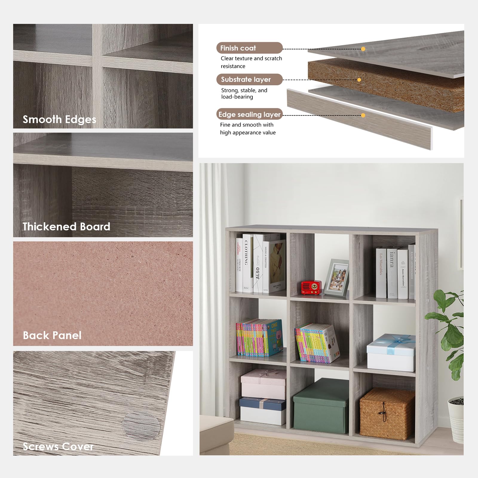 9-Cube Storage Organizer Bookshelf - Modular Shelf Unit for Closet, Living Room, Bedroom & Office - Space-Saving Oak Grey Cabinet with Storage Cubes - Perfect for Organizing Books, Toys, Shoes & Home Decor