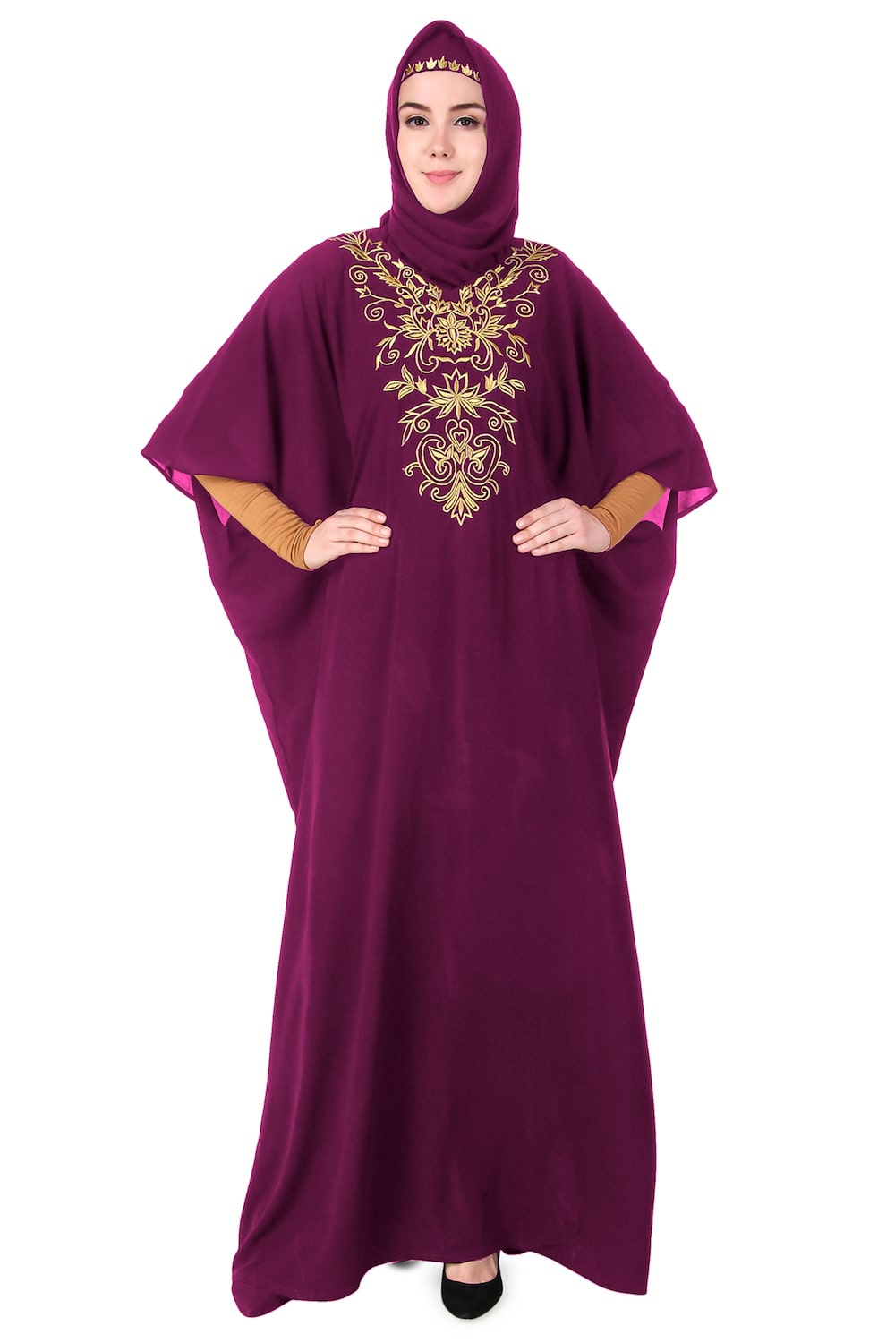 Embroidered Floral Gold Kaftan Dress for Women - Elegant Boho Maxi Dress for Beach, Party & Special Occasions