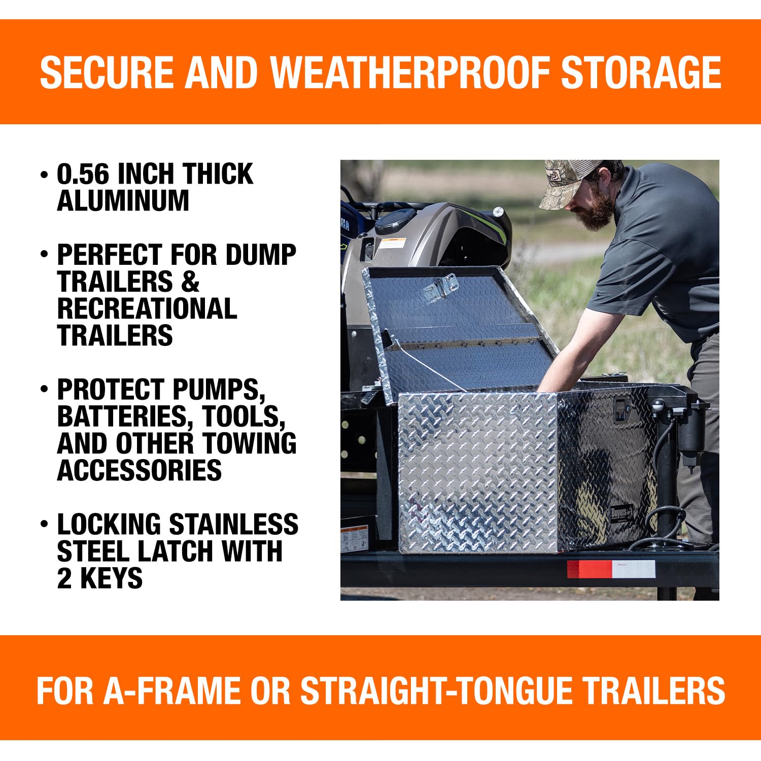 Buyers Products 1701380 Aluminum Trailer Tongue Tool Box - 14 x 14.4 x 35.2 Inch Silver Diamond Tread Storage Box | Made in USA | Durable & Weatherproof for RV, Boat & Utility Trailers