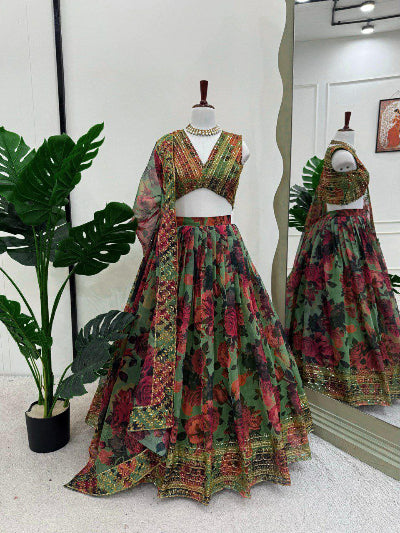 Pari Mist Green Floral Organza Lehenga Choli Set | Indian Bridal Wear | Wedding Party Outfit for Women | Perfect for Festivals, Sangeet & Mehendi Ceremonies