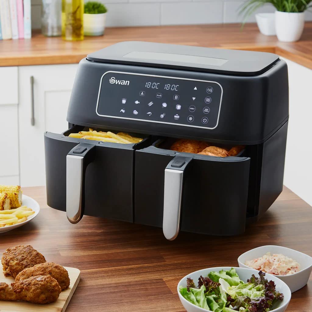 Swan SD10410N 8L Digital Dual Basket Air Fryer with Keep Warm Function - 10 One-Touch Presets, Rapid Air Circulation Technology, 1600W Power, Black - Perfect for Family Cooking, Healthy Meals, and Quick Snacks