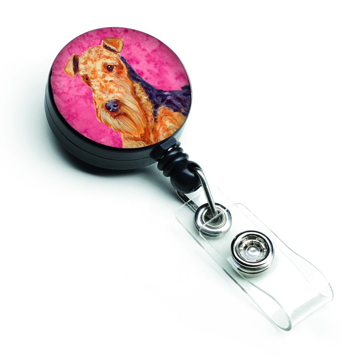 Retractable Badge Reel with Pink Airedale Design - Perfect for Nurses, Teachers, and Office Professionals