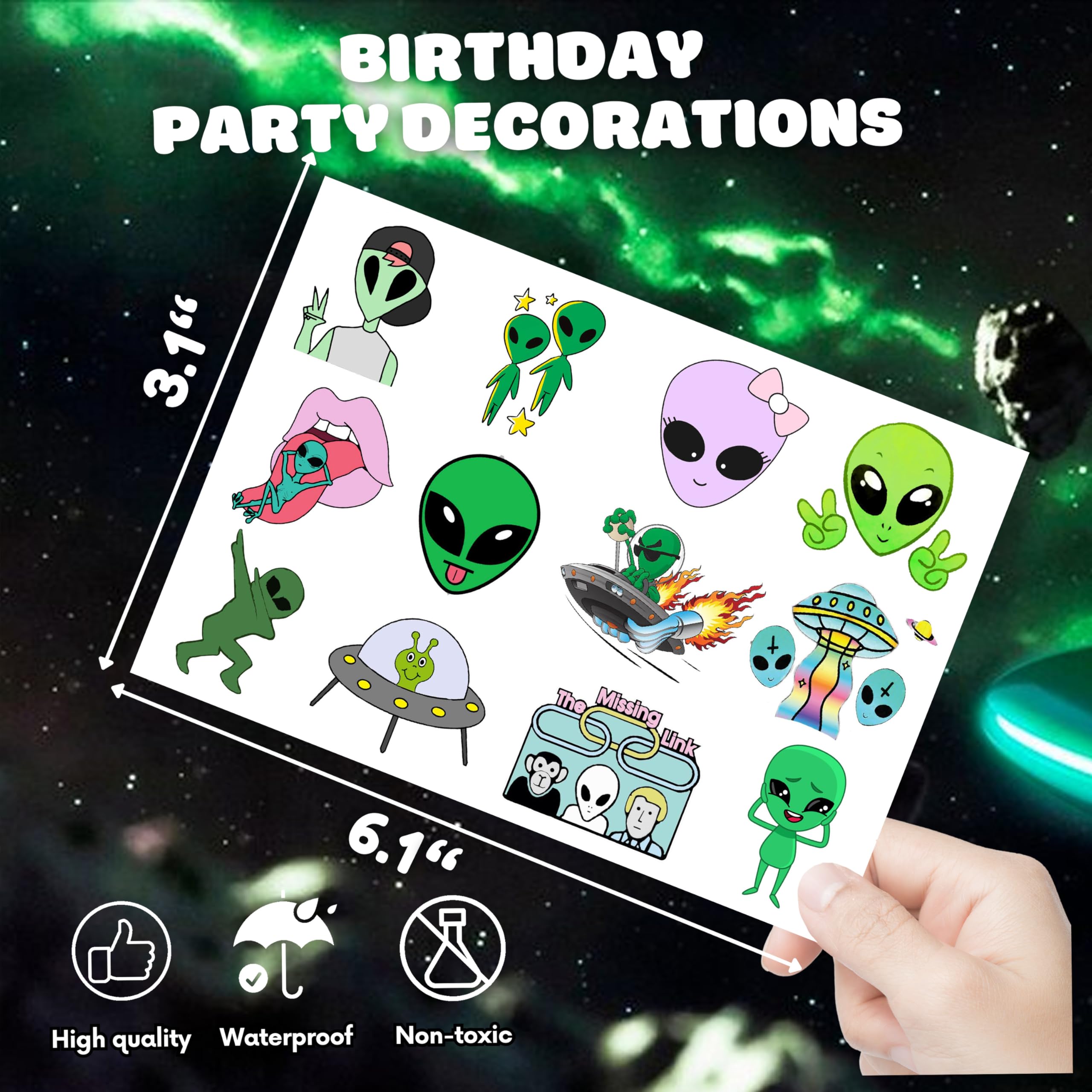 96PCS Alien Temporary Tattoos for Kids - Outer Space Themed Birthday Party Decorations, Classroom Rewards & School Prizes - Fun Stickers for Boys & Girls (8 Sheets) - Perfect for Space Parties, Halloween Costumes & Science Themed Events