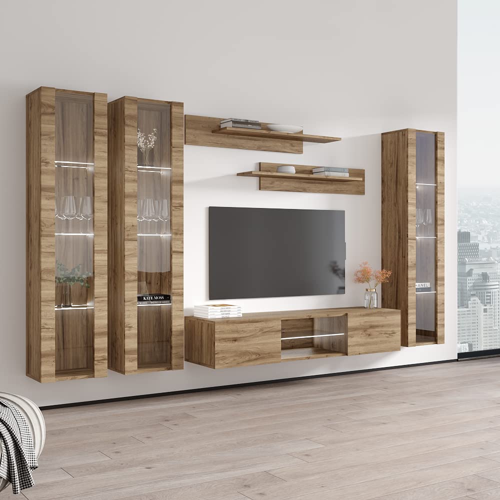 Modern Oak Wall-Mounted TV Stand with Storage Shelves & LED Lights - Floating Entertainment Center Console for Living Room & Bedroom - Perfect for 33-55