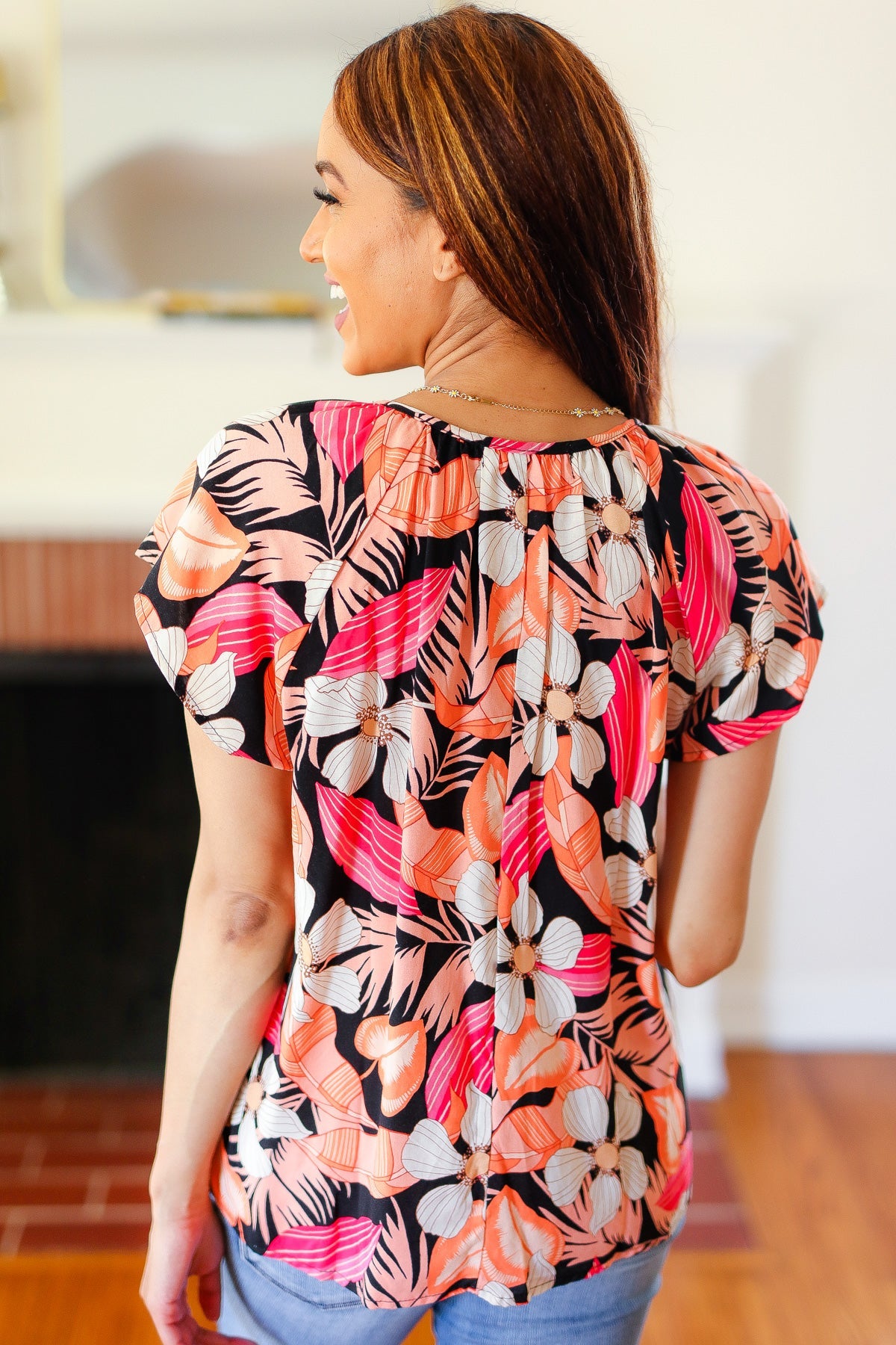 Stylish Peach Tropical Floral Tie Neck Raglan Top for Women - Perfect for Summer Outfits, Beach Vacations & Casual Wear