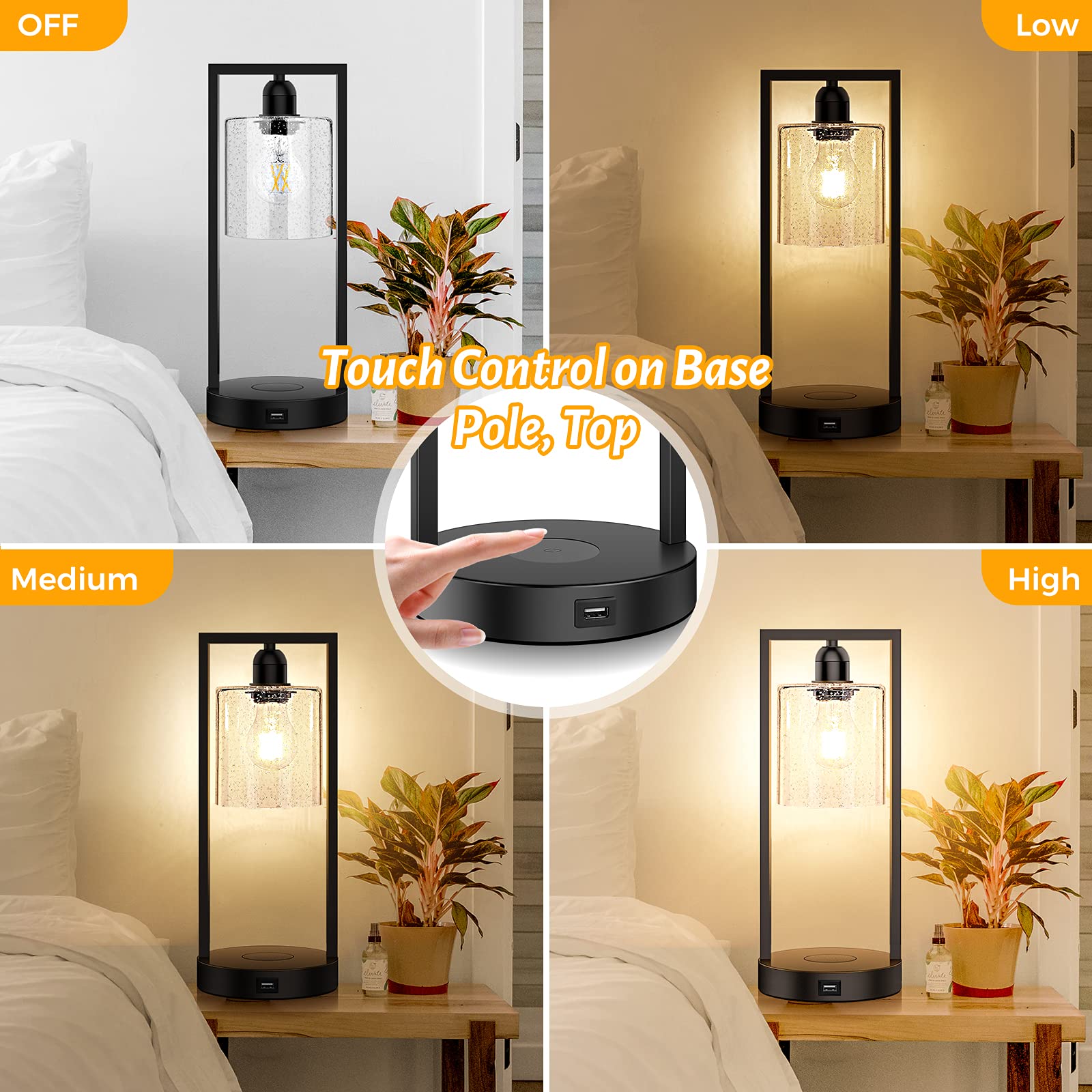 Wireless Charging Touch Control Table Lamp Set of 2 - Dimmable USB Bedside Nightstand & Desk Lamps with Seeded Glass Shade for Bedroom, Living Room, Office - Includes Bulbs | Perfect for Reading, Working & Nighttime Use