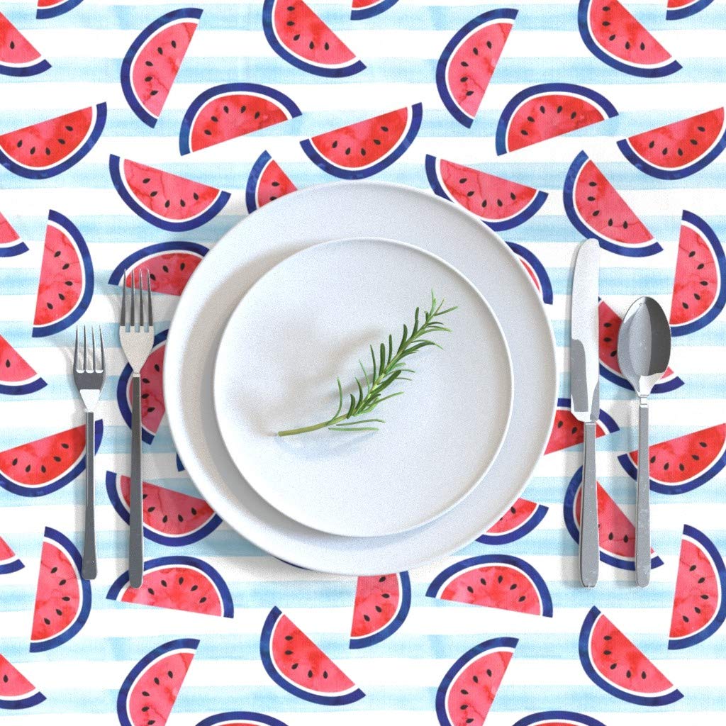 Watercolor Watermelon Blue Stripes Red White July 4th Picnic Tablecloth - 70