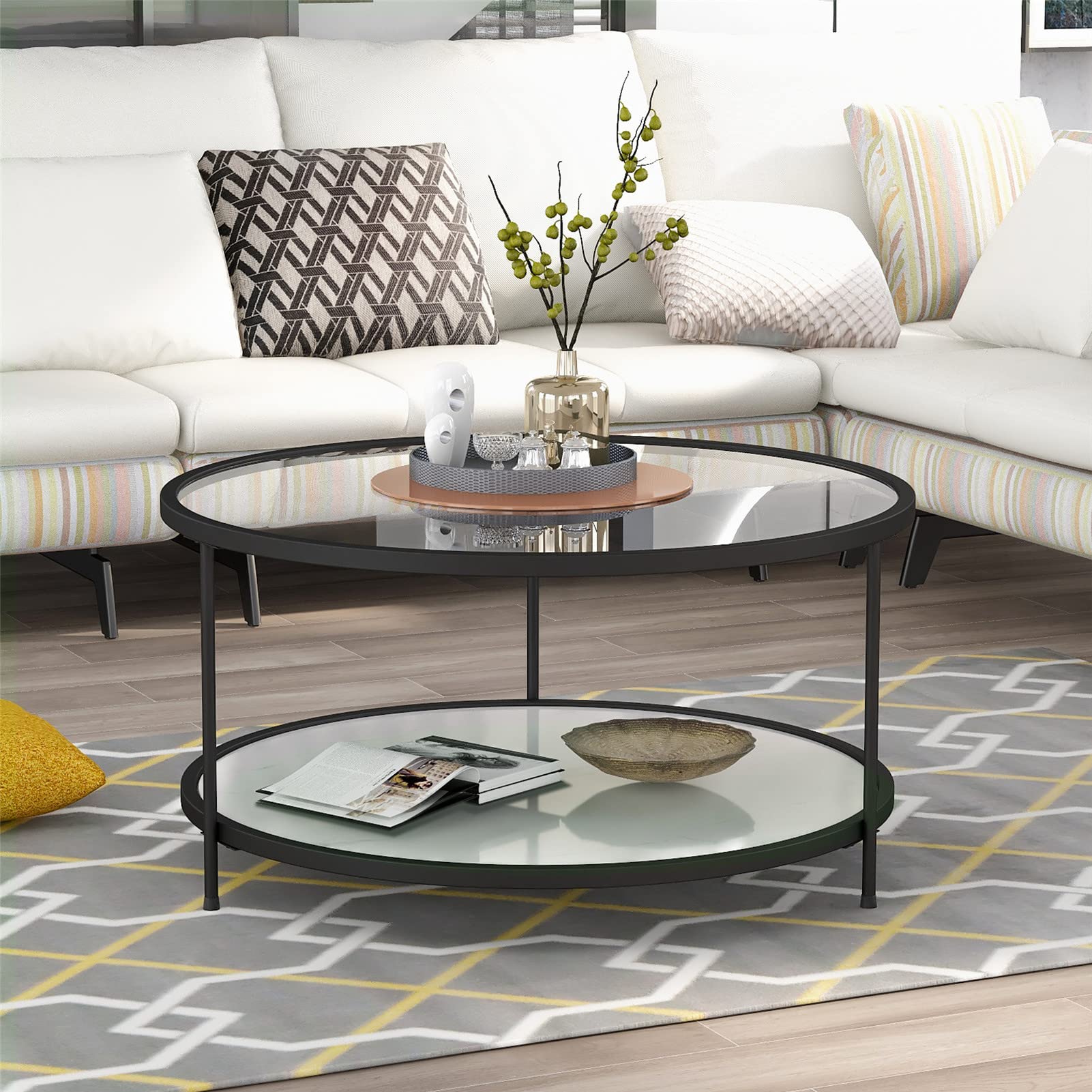 2-Tier Modern Coffee Table with Stained White Tempered Glass - 33.5