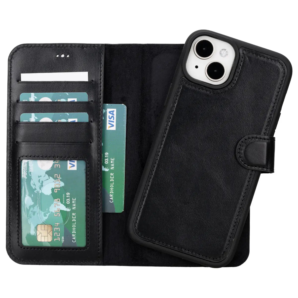 Premium Black Leather Wallet Case for iPhone 15 Plus - Slim Protective Cover with Card Slots | Perfect for Everyday Use, Travel & Business