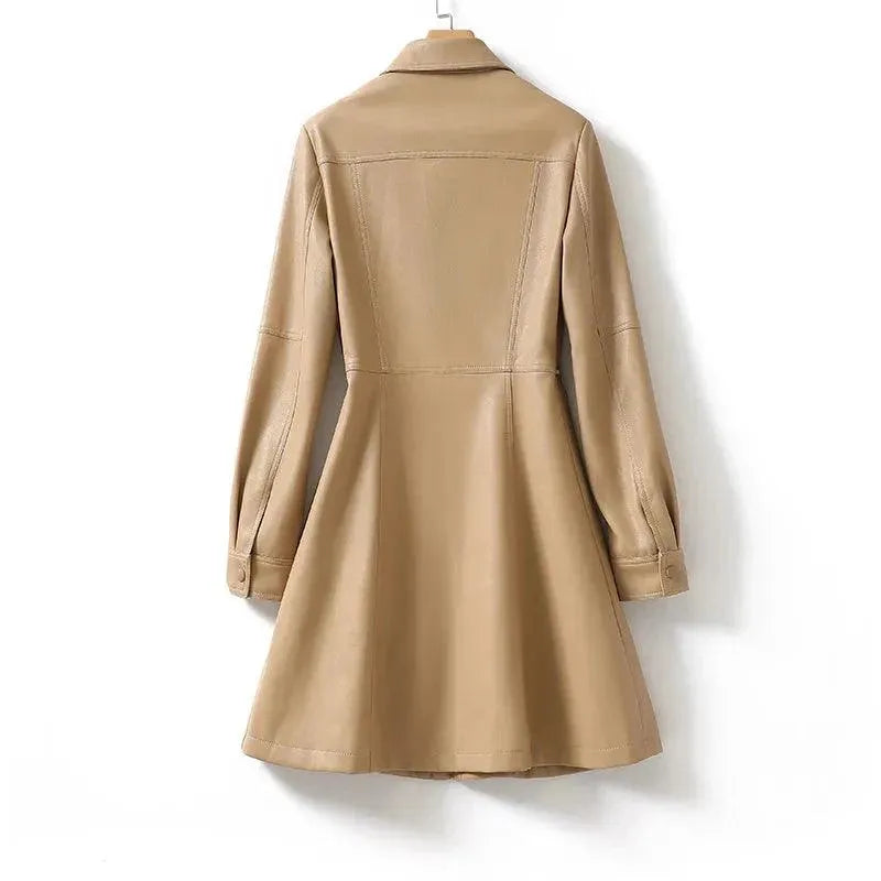 Stylish Women's Leather Midi Coat - Fashionable Outerwear for Fall & Winter - Perfect for Office, Date Night & Casual Outings