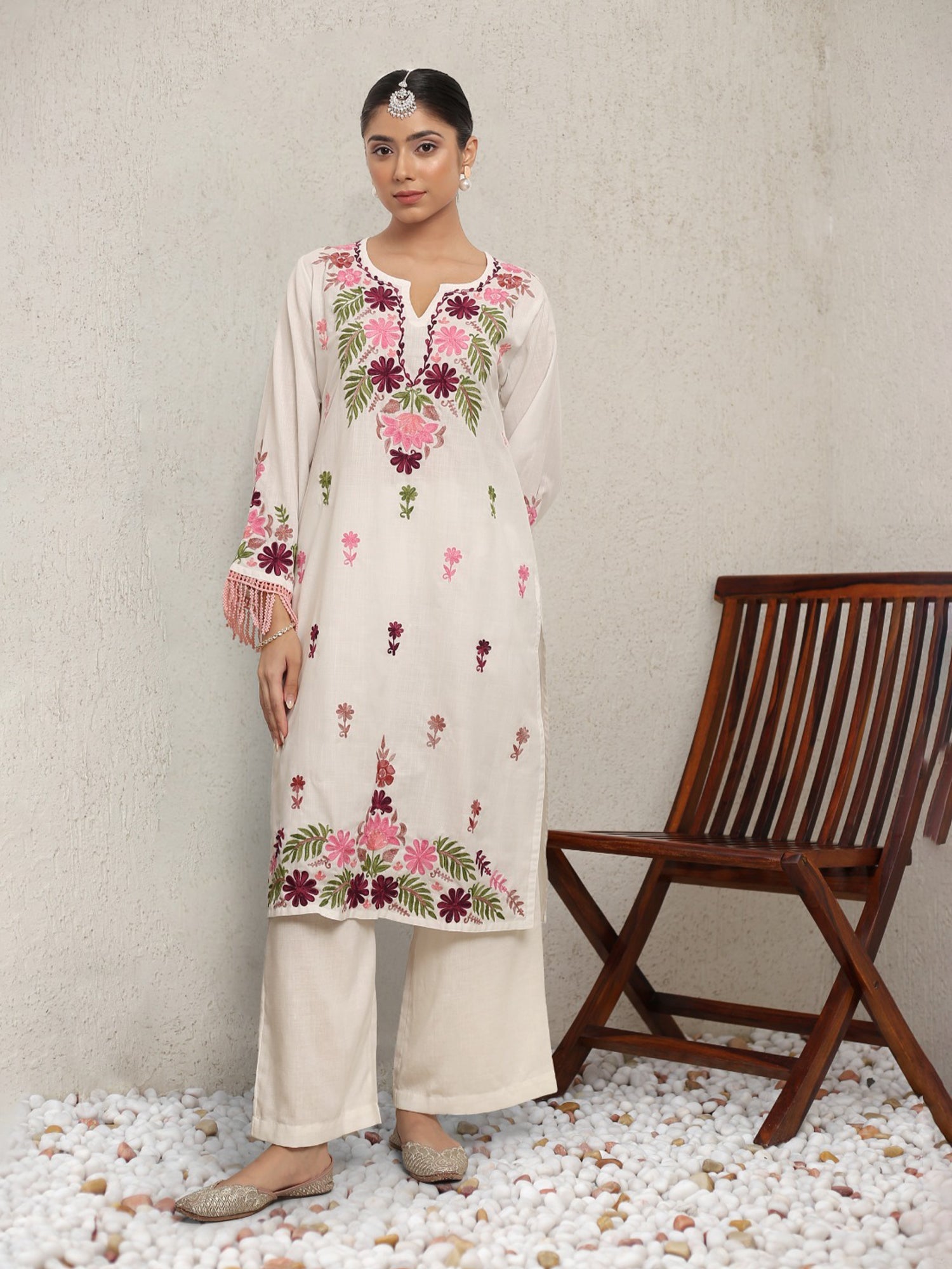 Falak Kashmiri Long Kurta for Women - Elegant White Embroidered Traditional Dress - Perfect for Weddings, Festivals & Cultural Events