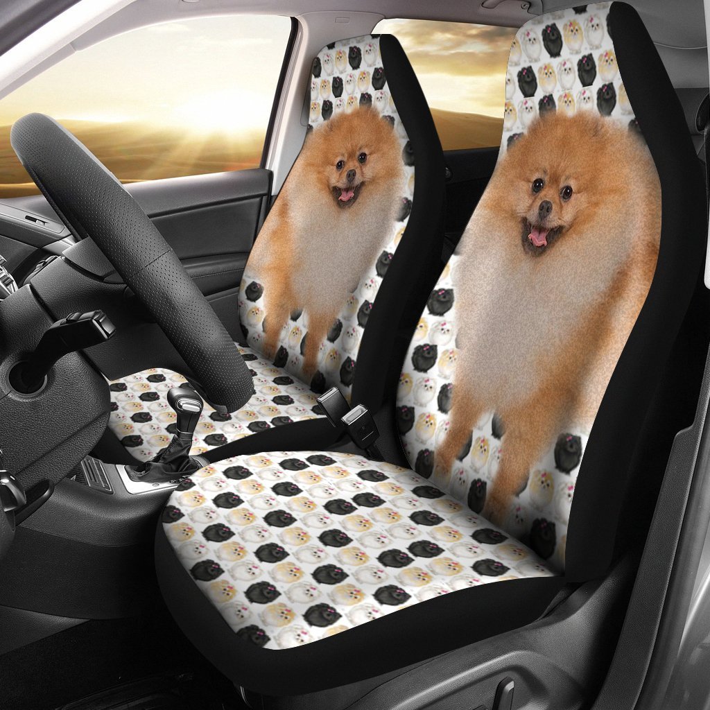 Black and White Pomeranian Dog Print Car Seat Covers - Waterproof Pet-Friendly Universal Fit for Sedans, SUVs & Trucks - Perfect for Dog Lovers, Road Trips and Pet Transportation