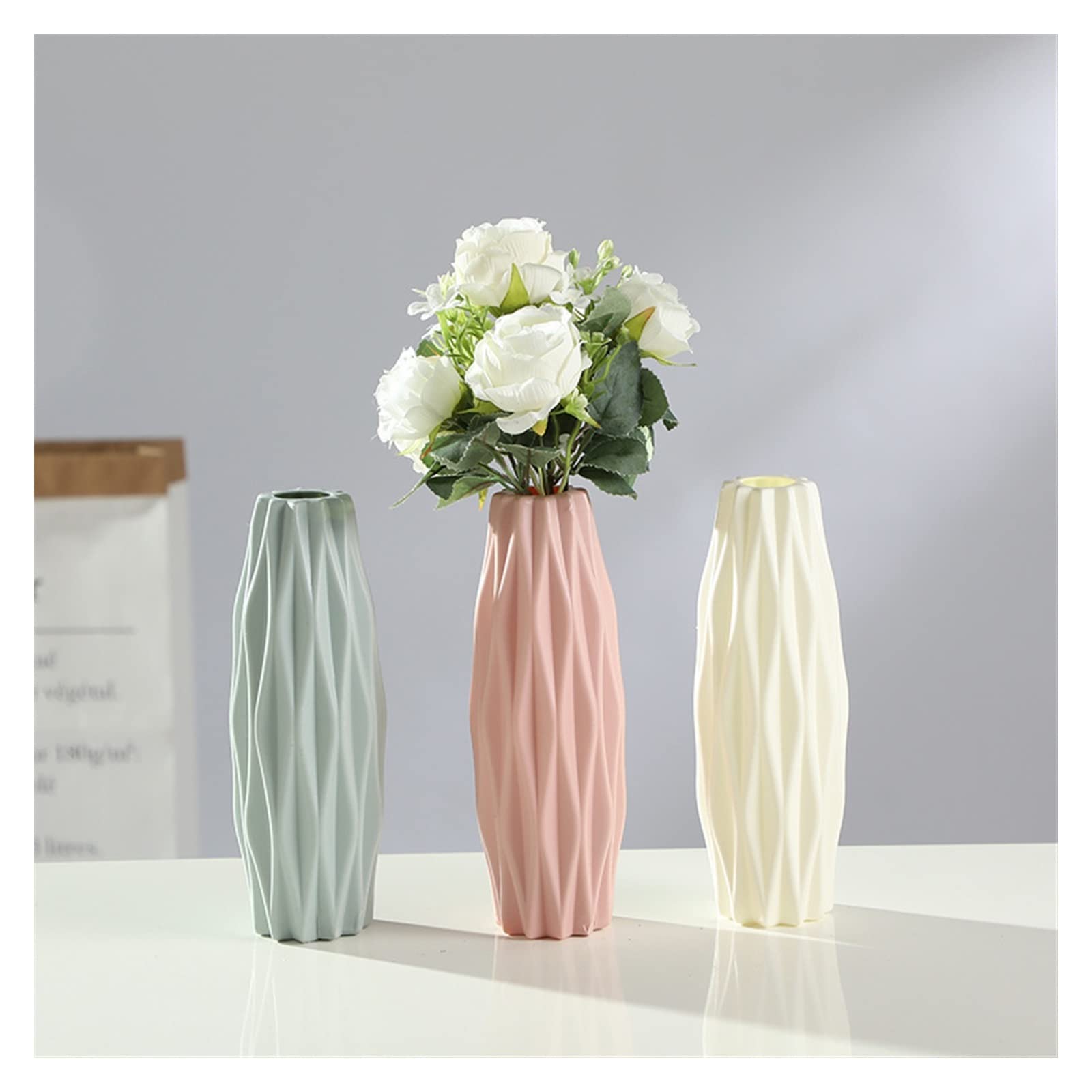 3-Piece Nordic Style Plastic Vases for Centerpieces - Anti-Fall Flower Arrangement Containers for Dry & Fresh Flowers - Elegant Home Decor for Living Room, Wedding, Dining Table & Office Desk
