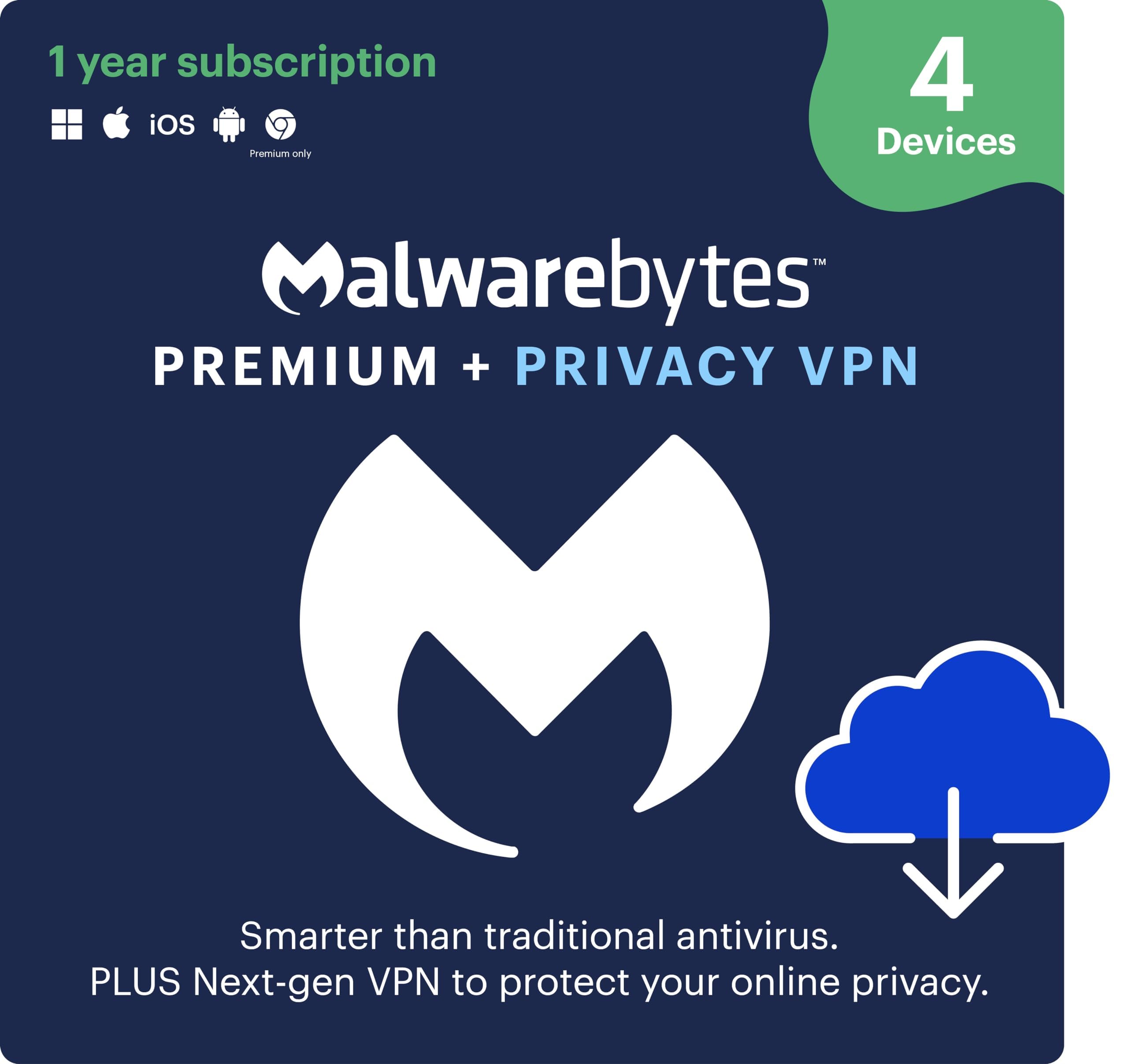 Malwarebytes Premium + Privacy VPN Bundle | 1 Year Subscription for 4 Devices | Compatible with Windows, Mac, Android, iOS & Chrome | Online Activation Code | Protect Your PC, Mobile & Browsing Activities