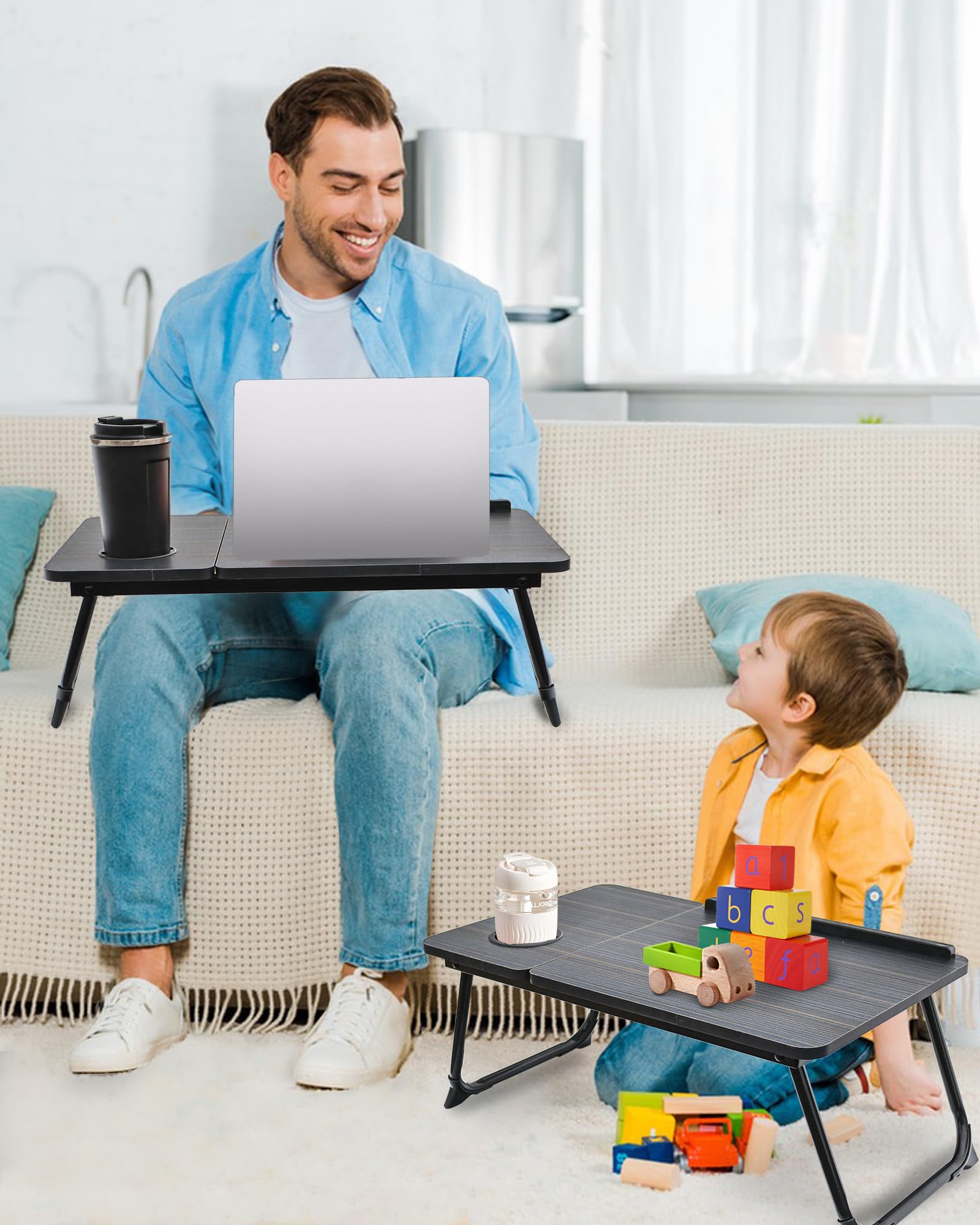 Adjustable Laptop Desk for Bed & Couch - Foldable Portable Lap Desk with Cup Holder, Breakfast Tray & Bed Table for Writing, Eating, Working - Perfect for Home Office, Dorm Room & Sofa Use (Black)