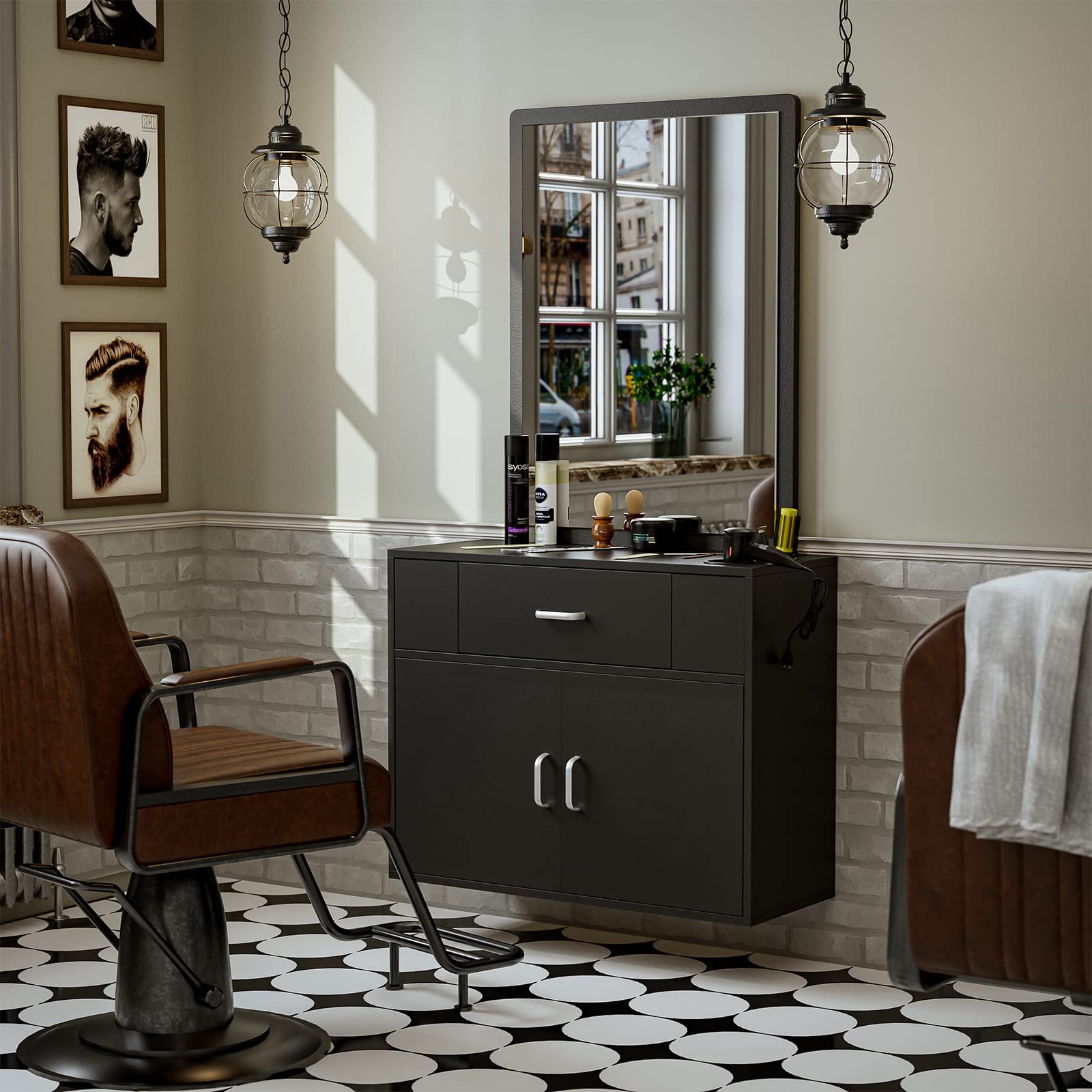 Wall Mount Salon Station with Mirror - Professional Styling & Barber Station for Spa & Salon - Includes Appliance Holders, Drawer & Storage Cabinet (Black) - Perfect for Hair Styling, Makeup Application & Salon Organization