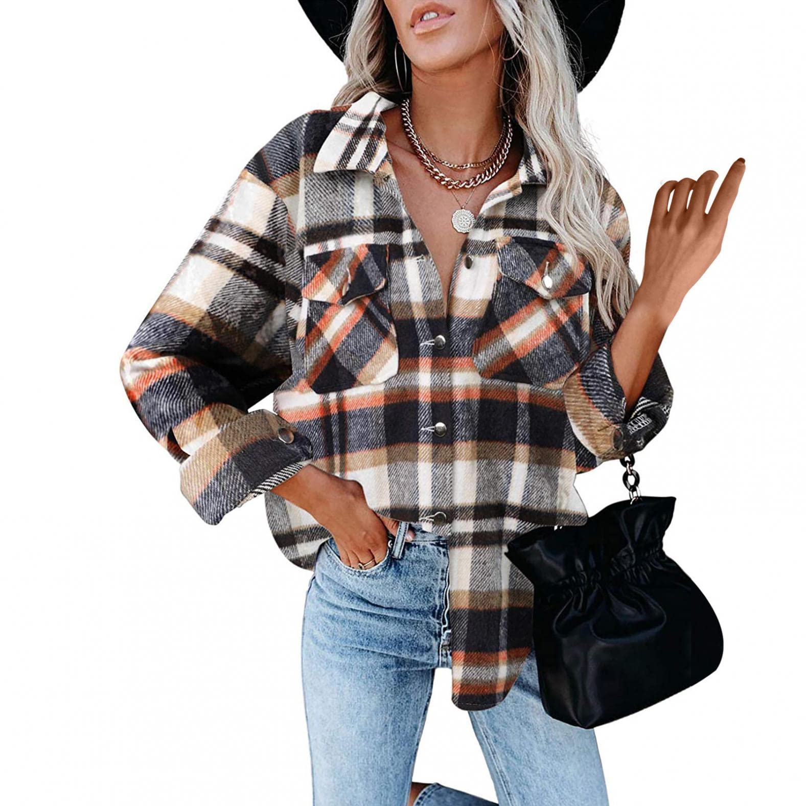 Women's Long Sleeve Plaid Shirt - Casual Cotton Button Down V-Neck Top for Fall & Winter | Perfect for Office, Date Night, and Weekend Outings