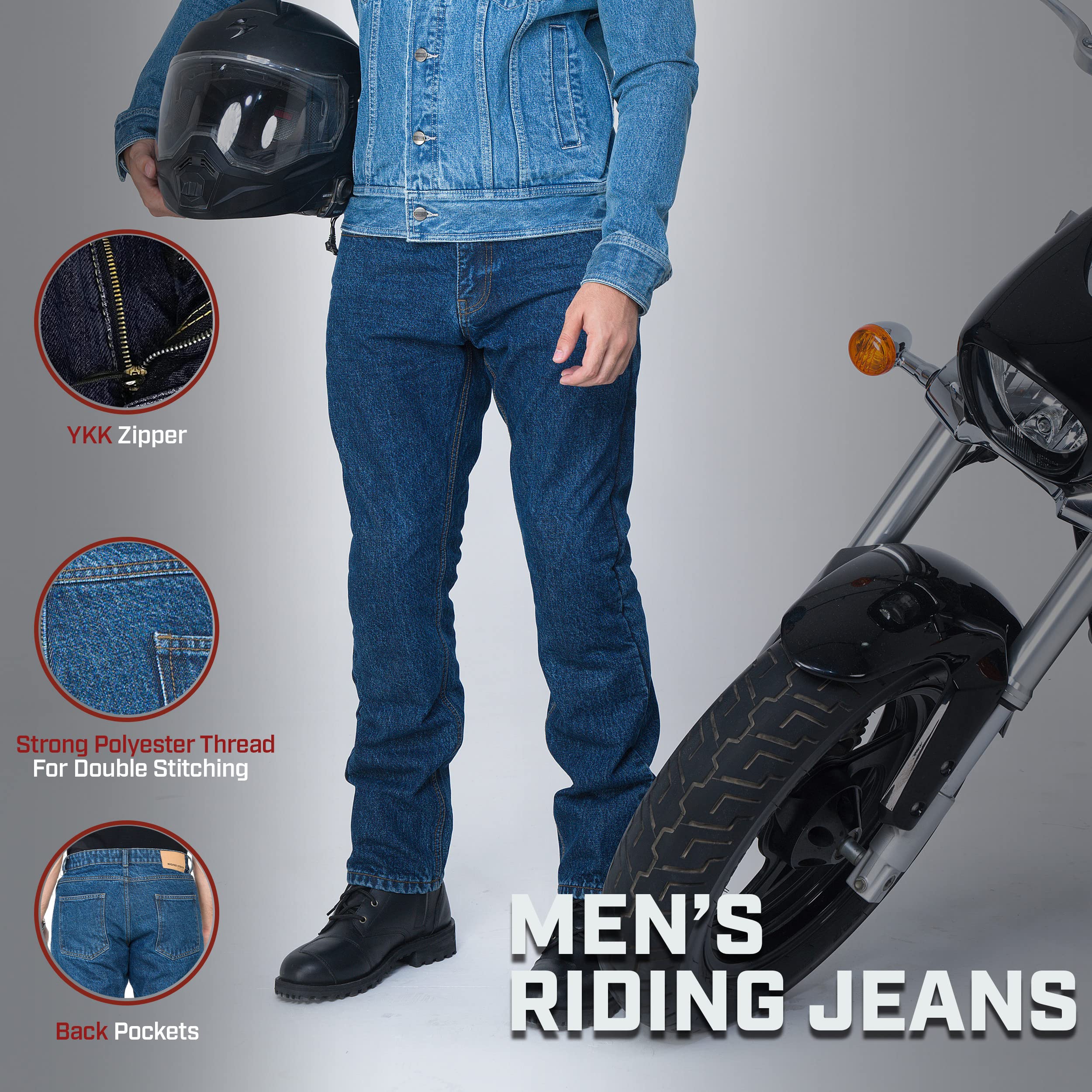 WICKED STOCK CE Level 2 Armor Motorcycle Jeans for Men - Protective Riding Pants Dark Blue | Street & Cruiser Bike Safety Gear