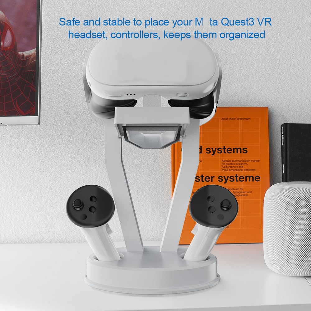 Meta Quest 3 VR Headset & Controller Stand with Glasses Holder - Stable Display Organizer with Unlock Button for Gaming & VR Accessories Storage - Perfect for Home Theater Setup & VR Gaming Station